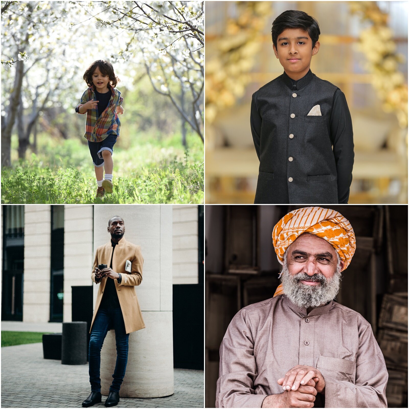 Grafika składa się z czterech zdjęć. Na pierwszym jest biegnące dziecko na łące,  na drugim prosto stojący chłopiec w czarnym stroju z guzikami, na trzecim jest mężczyzna ubrany w płaszcz i jeansy oparty o kolumnę, na czwartym zdjęciu jest starszy mężczyzna z brodą z turbanem na głowie.