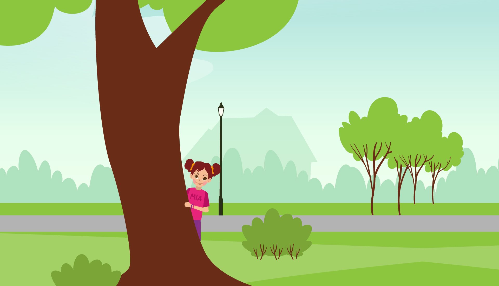 Ilustracja przedstawia dziewczynkę o imieniu  Mia , która w parku wychyla się zza drzewa. 