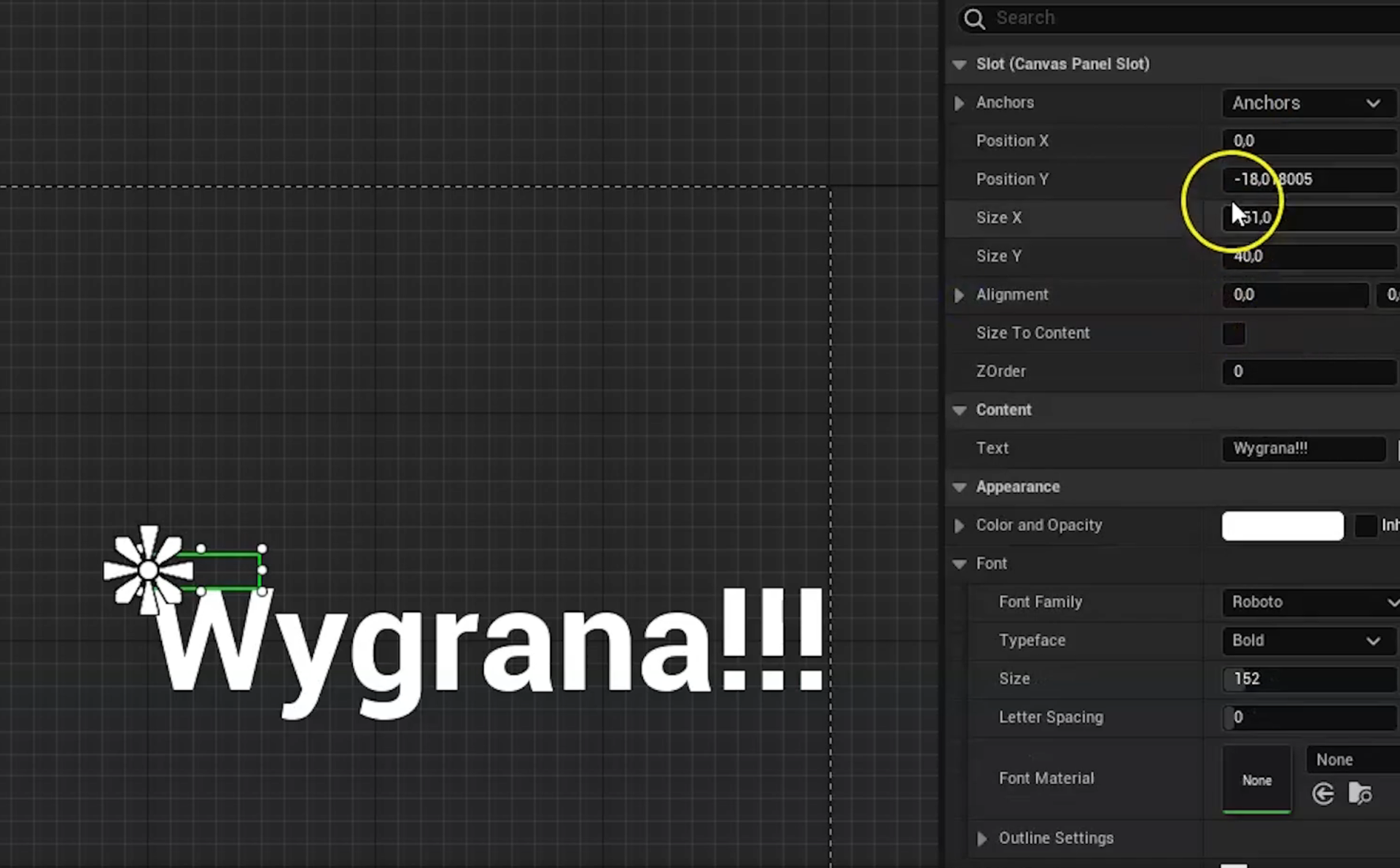 Widoczne jest okno programu Unity z napisem Wygrana i menu Slot Canvas Panel slot