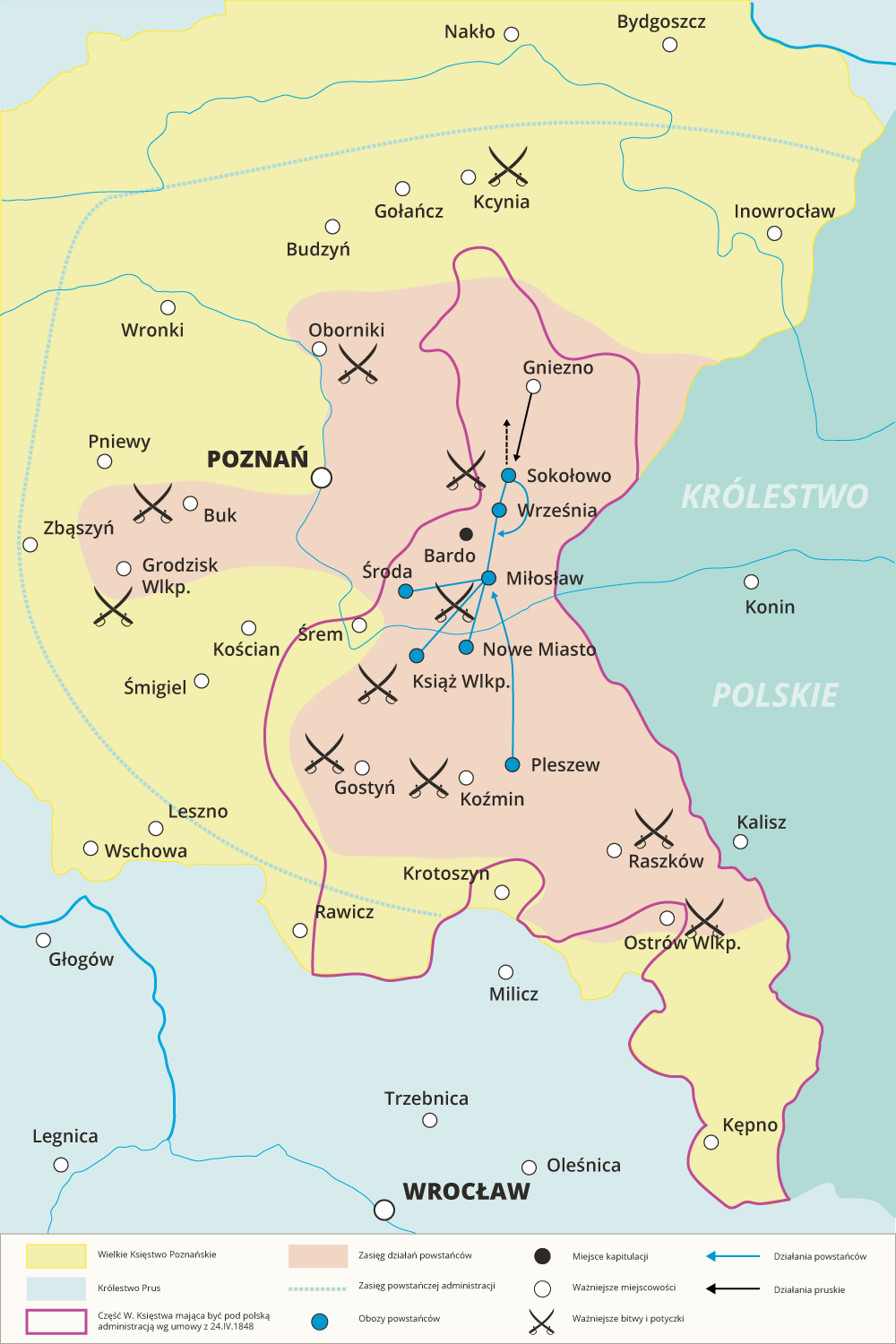 Mapa przedstawia Wielkie Księstwo Poznańskie, Królestwo Prus oraz Królestwo Polskie. Na mapie zaznaczony jest zasięg działań powstańców. Obejmuje on zachodnie tereny Wielkiego Księstwa Poznańskiego. Z tym obszarem w znacznym stopniu pokrywa się granica, która wyznacza część mającą być pod polską administracją według umowy z 24 kwietnia 1848 roku. Na mapie zaznaczono ważniejsze bitwy i potyczki oraz działania powstańców i działania pruskie. Na mapie zaznaczono miejsce kapitulacji, czyli miejscowość Bardo. Na mapie są zaznaczone obozy powstańców w Pleszewie, Nowym Mieście, Książu Wielkopolskim, Środzie, Miłosławiu, Wrześni i Sokołowie. 