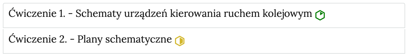 Grafika przedstawia wygląd zakładek z ćwiczeniami. Zakładki są poziomymi paskami. Każda posiada numer ćwiczenia i tytuł, który wskazuje, czego dotyczą zamieszczone w zakładce ćwiczenia. Przykład tekstu na pasku zakładki. Ćwiczenie 1 myślnik Schematy urządzeń kierowania ruchem kolejowym