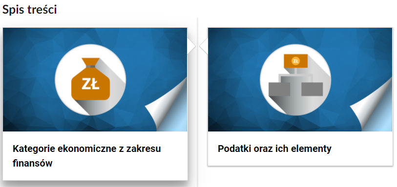 Grafika przedstawia fragment spisu treści. Znajdują się na niej dwa niebieskie prostokąty. Pośrodku lewego prostokąta w białym kole znajduje się pomarańczowy, związany worek, na którym widnieje napis “zł” (złoty). Poniżej prostokąta napis: "Kategorie ekonomiczne z zakresu finansów". Pośrodku prawego prostokąta w białym kole znajduje się schemat złożony z trzech prostokątów. U góry jest pomarańczowy prostokąt, na którym widnieje symbol “zł” (złoty). Niżej znajdują się dwa szare prostokąty, połączone z górnym prostokątem liniami. Poniżej napis: "Podatki oraz ich elementy". 