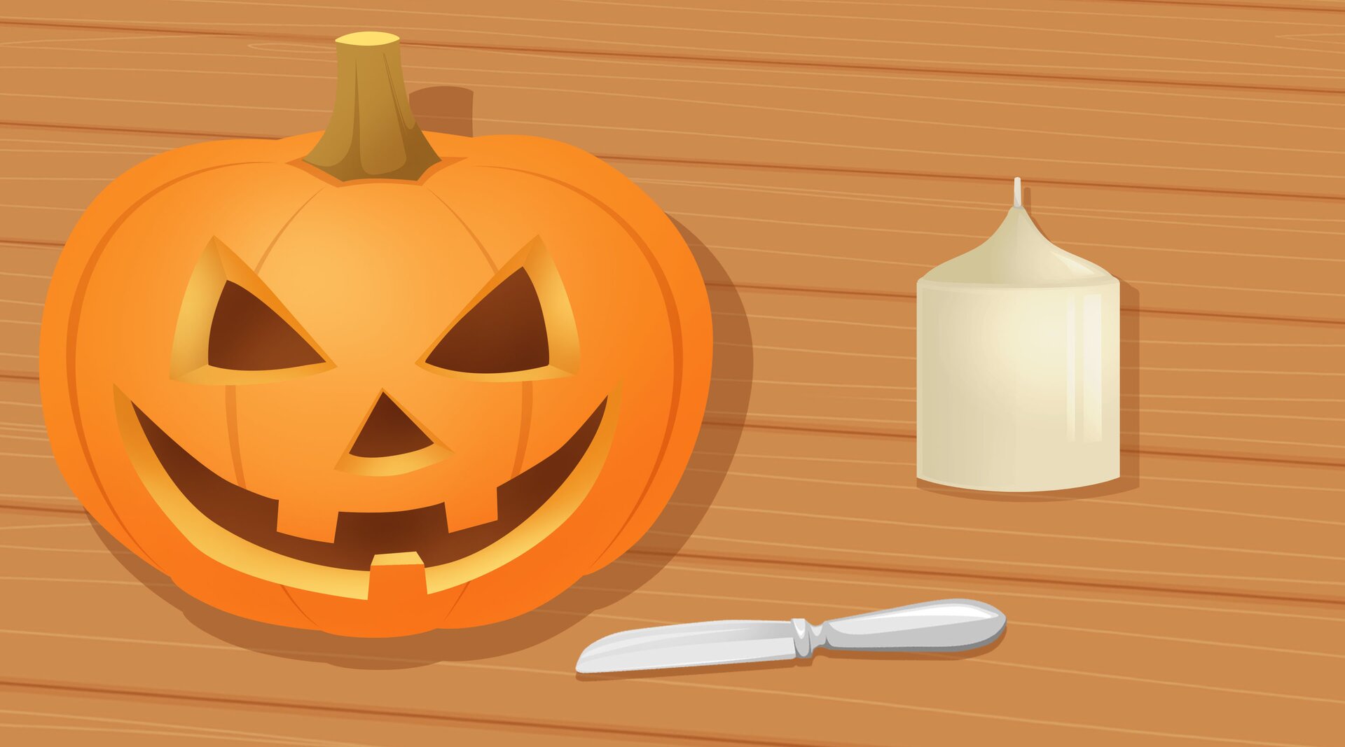 Grafika przedstawia stół, na którym leżą dynia z wyciętymi otworami, srebrny nóż oraz biała świeczka. 