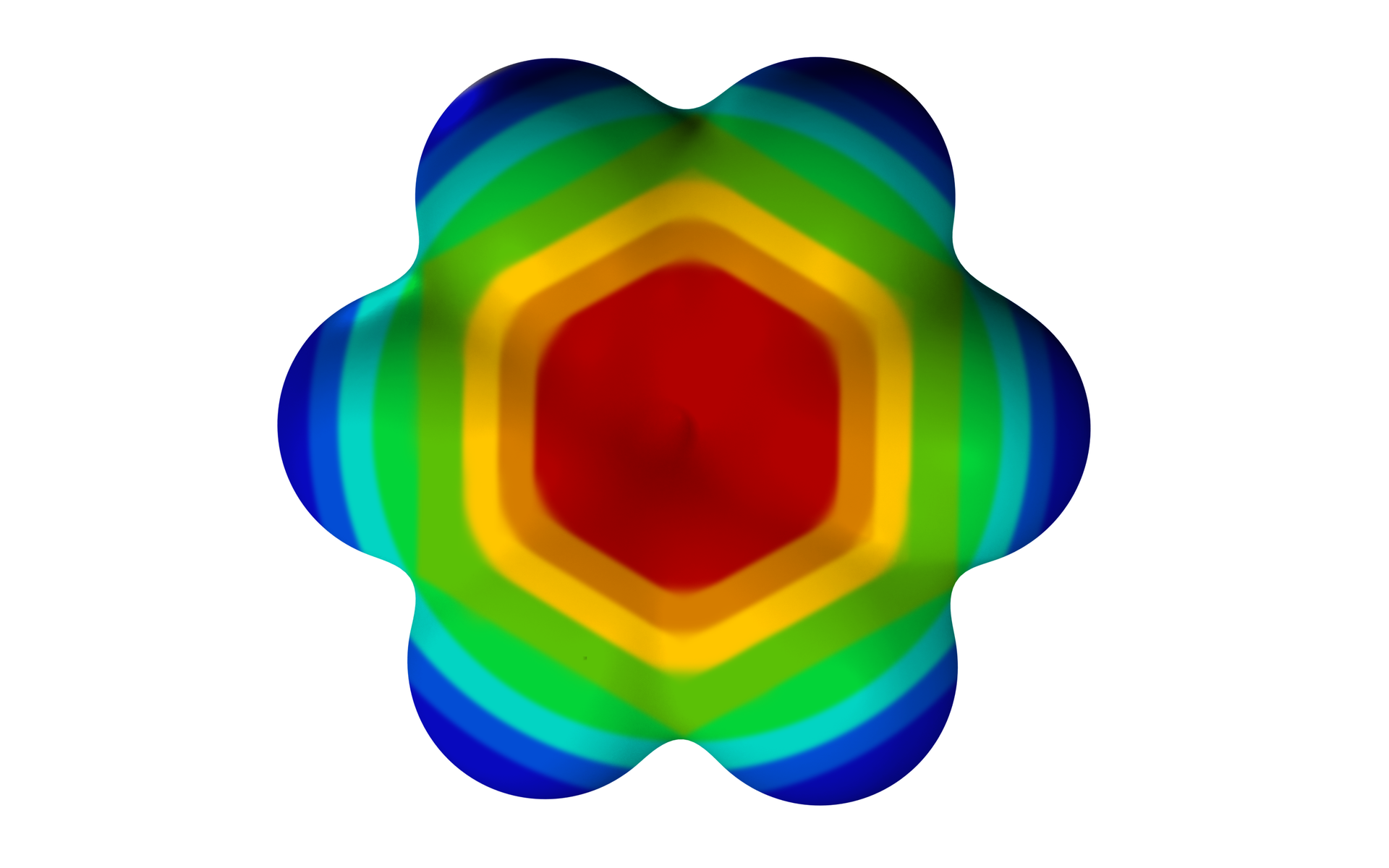  Ilustracja przedstawia wizualizację gęstości elektronowej dla benzenu. Benzen to sześcioczłonowy pierścień aromatyczny. Gęstość elektronową przedstawiono w postaci trójwymiarowej przestrzeni obejmującej wszystkie atomy benzenu, jest ona symetryczna, posiada środek, oś, jak i płaszczyznę symetrii. W centrum cząsteczki gęstość elektronowa jest większa i zaznaczona na czerwono, zaś poza pierścieniem jest ona mniejsza i zaznaczona na niebiesko. Od środka pierścienia ku zewnętrznej części barwa zmienia się poprzez czerwoną, żółtą, zieloną, aż do niebieskiej i ciemnoniebieskiej.