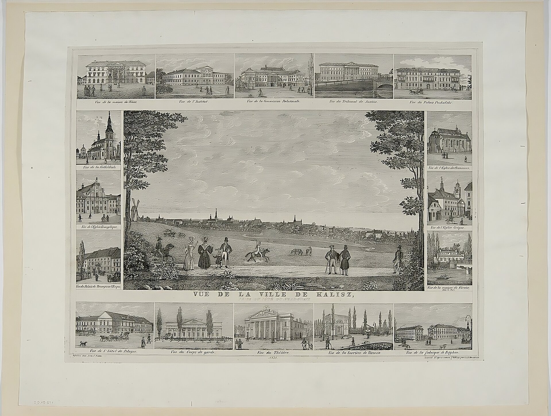 Ilustracja przedstawia rycinę z panoramicznym widokiem Kalisza od strony południowo‑zachodniej. W centralnej części ilustracji znajduje się największa plansza. Po jej lewej stronie młyny poprzedzające wjazd na Przedmieście Wrocławskie. Na pierwszym planie gościniec idący od granicy rosyjsko‑pruskiej w Szczypiornie, po którym poruszają się piesi i jeźdźcy, kobiety ubrane w długie suknie, mężczyźni w surduty, cylindry, trzymający laski. Na drugim planie galopujący jeździec i dwa psy. W oddali widać zabudowania miasta. Po obu stronach ilustracji wysokie, liściaste drzewa. Widok Kalisza otacza 16 plansz z obiektami użyteczności publicznej w Kaliszu. Są to od lewego górnego rogu idąc zgodnie ze wskazówkami zegara: pałac Weissów, gmach Szkoły Wydziałowej, Pałac Komisji Województwa Kaliskiego, Pałac Trybunalski, pałac Puchalskiego, kościół kanoników św. Mikołaja, kościół poreformacki św. Józefa, Most Kamienny, fabryka Repphana, Rogatka Warszawska, Teatr Miejski, Odwach, Hotel Polski, Pałac Biskupi, kościół ewangelików i kościół katedralny.