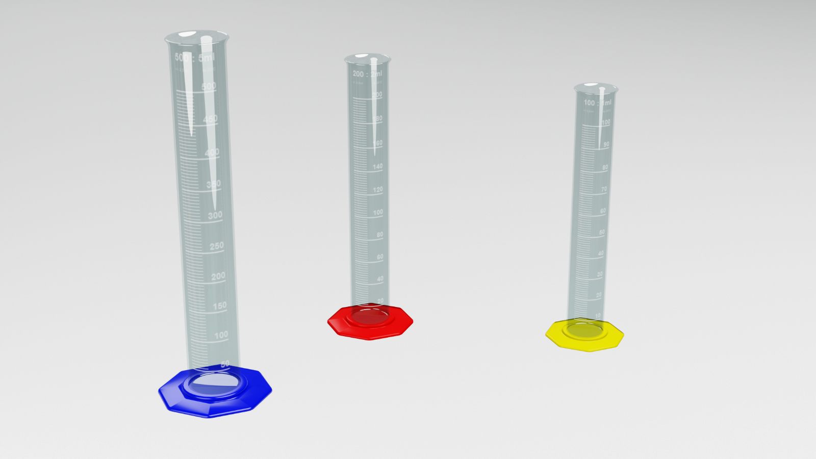 Na zdjęciu znajdują się trzy cylindry miarowe o pojemności pięciuset, dwustu i stu mililitrów.