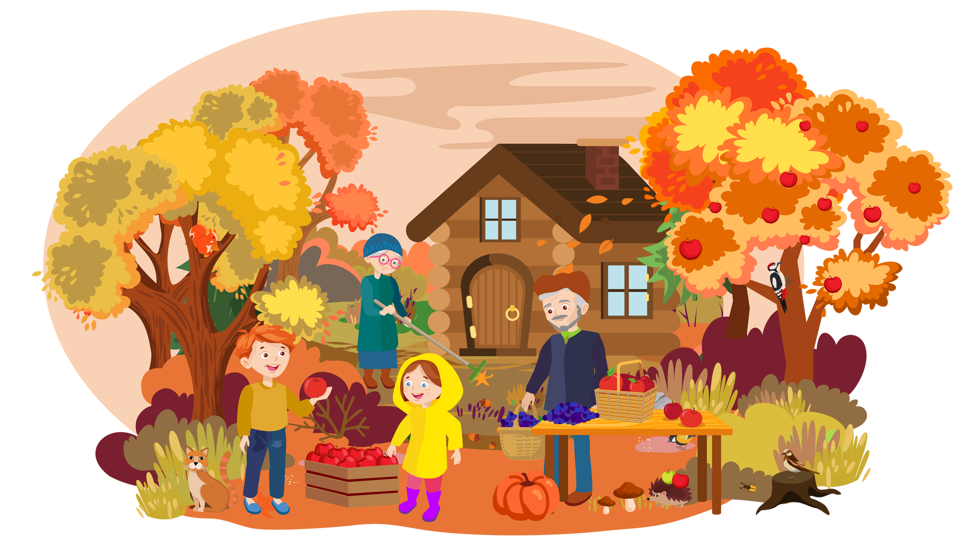 Ilustracja przedstawia jesienny krajobraz. W tle widać szaro‑pomarańczowe niebo. Dookoła rosną trawy, krzewy i drzewa liściaste w jesiennych kolorach oraz jedno ciemnozielone drzewo iglaste. Na środku stoi drewniana chata z ciemnobrązowym dachem. Przed nią widać babcię Franka i Mai, która grabi liście. Kobieta jest ubrana w granatową czapkę, długi, ciemnozielony płaszcz, granatową spódnicę i wysokie, brązowe buty. Na nosie ma okulary w okrągłych, różowych oprawkach. Na pierwszym planie siedzi jasnobrązowy kot. Dalej, na prawo, stoi uśmiechnięty Franek. Jest ubrany w żółtobrązową bluzę, długie, granatowe spodnie i ciemnoniebieskie buty. W uniesionej dłoni trzyma czerwone jabłko. Obok stoi uśmiechnięta Maja. Jest ubrana w żółtą kurtkę z kapturem naciągniętym na głowę, długie, ciemnoróżowe spodnie i wysokie, fioletowe buty. Patrzy na jabłka znajdujące się w skrzyni, która stoi pomiędzy dziećmi. Za Mają stoi prostokątny, drewniany stół, na którym znajdują się owoce. Po lewej stronie leży garść jagód, na środku stoi brązowy kosz wypełniony czerwonymi jabłkami, a po prawej stronie, obok kosza, leżą jeszcze dwa czerwone jabłka. Za stołem stoi dziadek Franka i Mai. Jest ubrany w brązową czapkę, zieloną koszulę z jasnozielonym kołnierzykiem, ciemnogranatowy płaszcz, długie, granatowe spodnie i brązowe buty. W prawej ręce trzyma kosz wypełniony jagodami, na które spogląda. Przed stołem leży duża, pomarańczowa dynia oraz rosną dwa grzyby o brązowych kapeluszach. Obok nich przechadza się jeż, który niesie na grzbiecie dwa jabłka: jasnozielone i czerwone. Nieco w oddali widać sikorkę dziobiącą ziarna leżące na ziemi. Po prawej stronie ilustracji, na jednym z krzewów, siedzi czarno‑żółty chrząszcz. Obok niego widać pień ściętego drzewa, na którym przycupnął wróbel. Obok chaty stoi jabłoń, na której siedzi dzięcioł. Jest to czarno‑biały ptak z czerwonym czubkiem na głowie. Z jabłoni spada kilka pomarańczowych liści. Na drzewie liściastym, widocznym po lewej stronie ilustracji, siedzi pomarańczowa wiewiórka trzymająca w łapkach żołądź.