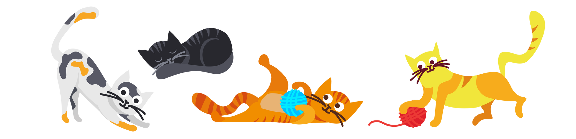Ilustracja przedstawia cztery koty. Pierwszy od lewej, biały w ciemnoszare i pomarańczowe łatki, rozciąga się, wyciągając przednie łapy do przodu. Jego ogon jest skierowany ku górze. Drugi, czarny, śpi zwinięty w kłębek. Trzeci, rudy, leży na plecach i bawi się kłębkiem niebieskiej włóczki trzymanym w przednich łapkach. Czwarty, żółto‑rudy, stoi z uniesionym ogonem i prawą łapkę opiera na kłębku czerwonej włóczki, którym się bawi.