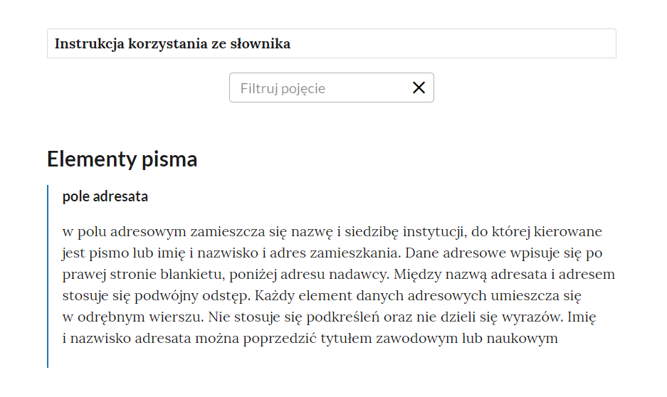 Widok na górną część słownika, na samej górze znajduje się zakładka ,,Instrukcja korzystania ze słownika'', pod spodem puste pole na wpisanie szukanego pojęcia, obok niego czarny krzyżyk. Pod spodem znajduje się hasło elementy pisma oraz jego definicja.
