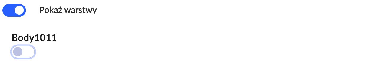 Grafika przedstawia opcję "Pokaż warstwy" zamieszczona pod multimedium. Pasek na górze, po lewej stronie od napisu Pokaż warstwy, jest zaznaczony na niebiesko, co oznacza zaznaczenie opcji pokazania warstw. Poniżej znajdują się warstwy do włączenia. Każda z warstw ma swój osobny pasek, zaznaczony na niebiesko gdy warstwa jest włączona.