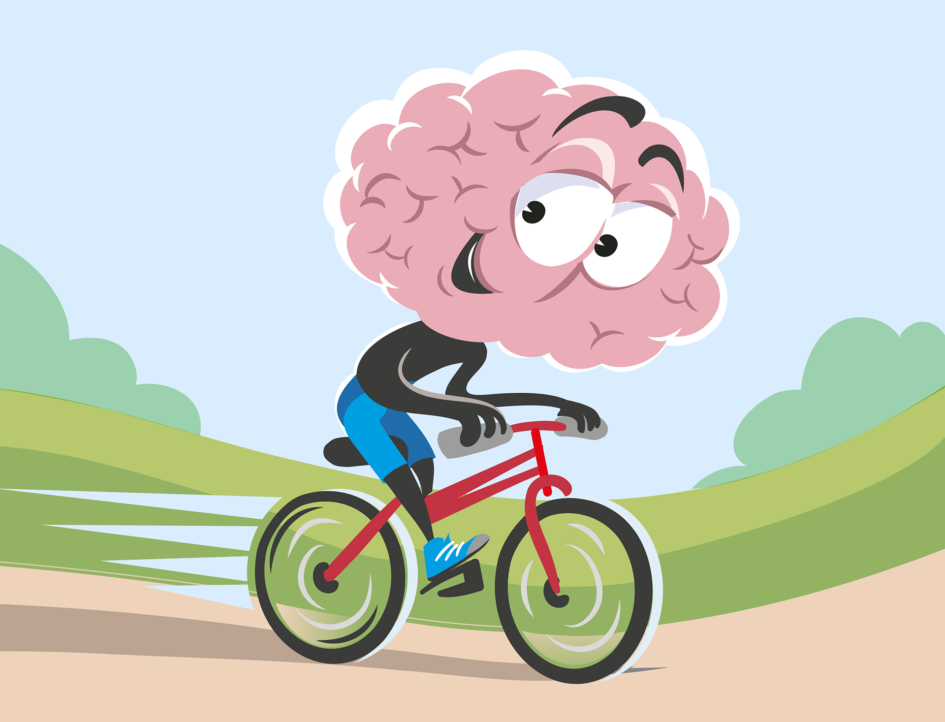 Ilustracja przedstawia postać, która zamiast głowy ma wielki mózg z twarzą. Postać jest uśmiechnięta, jedzie rowerem. 