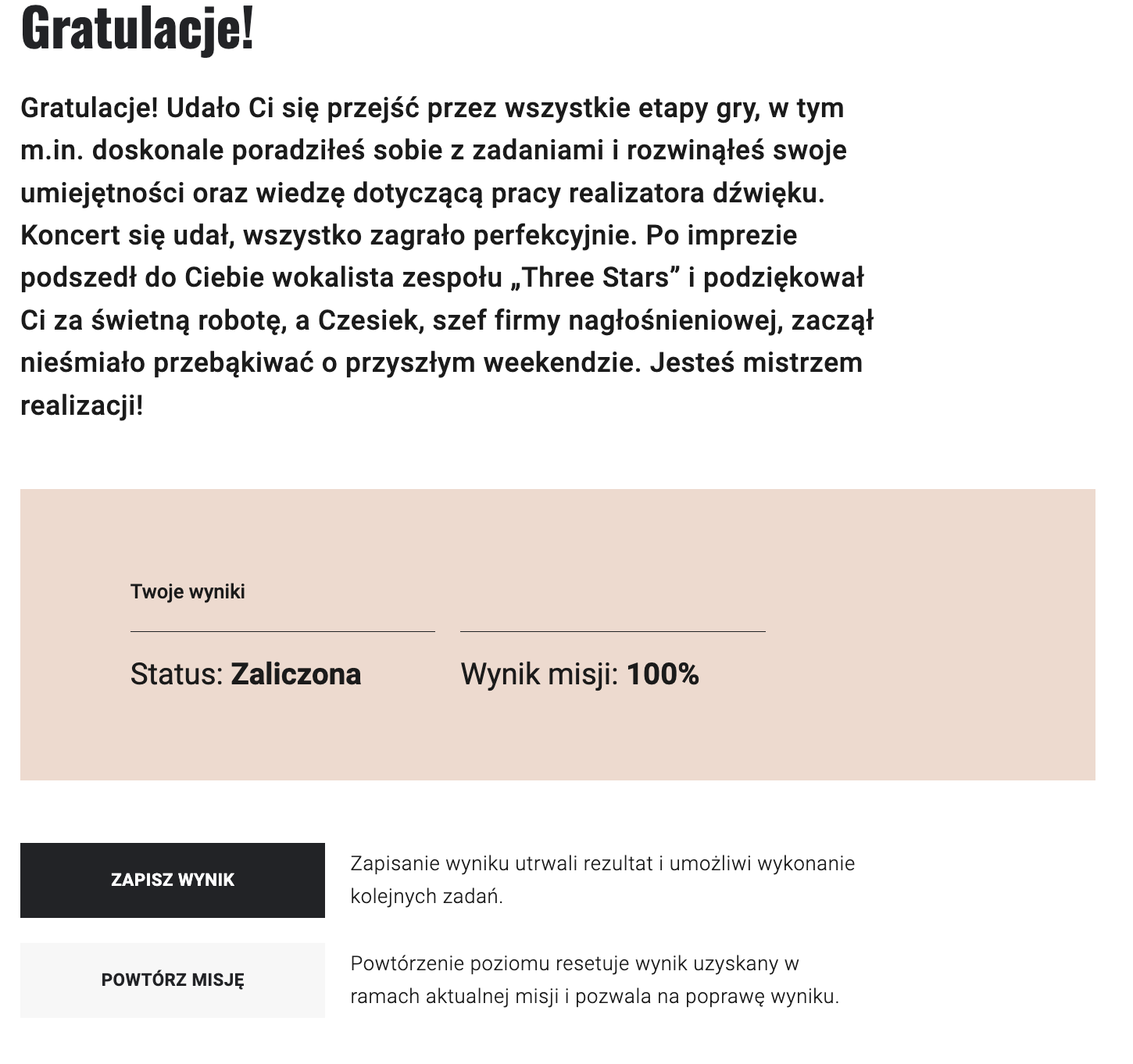 Ekran kończący misję w grze