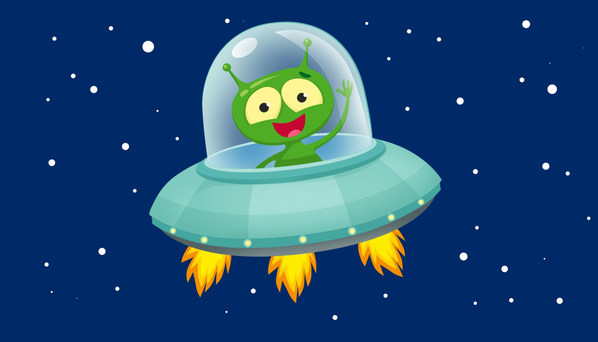 Ilustracja przedstawia spodek kosmiczny. W środku znajduje się ufoludek. 