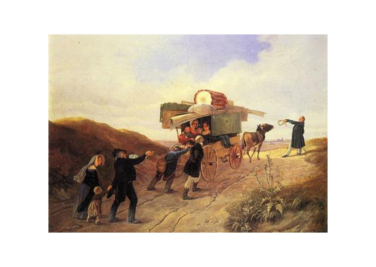 Obraz przedstawia scenę na wsi, prawdopodobnie w XVIII lub XIX wieku. Widoczny jest załadowany do granic możliwości wiejski wóz, na którym siedzą co najmniej cztery osoby, mając nad sobą prowizorycznie zrobiony dach, na którym znajdują się elementy dobytku. Wóz jest ciągnięty przez jednego konia, któremu trudno podjechać pod wzniesienie. Z przodu mężczyzna wabi konia smakołykiem, dwóch mężczyzn z tyłu pcha wóz, a za nimi stoi para z małym dzieckiem. 