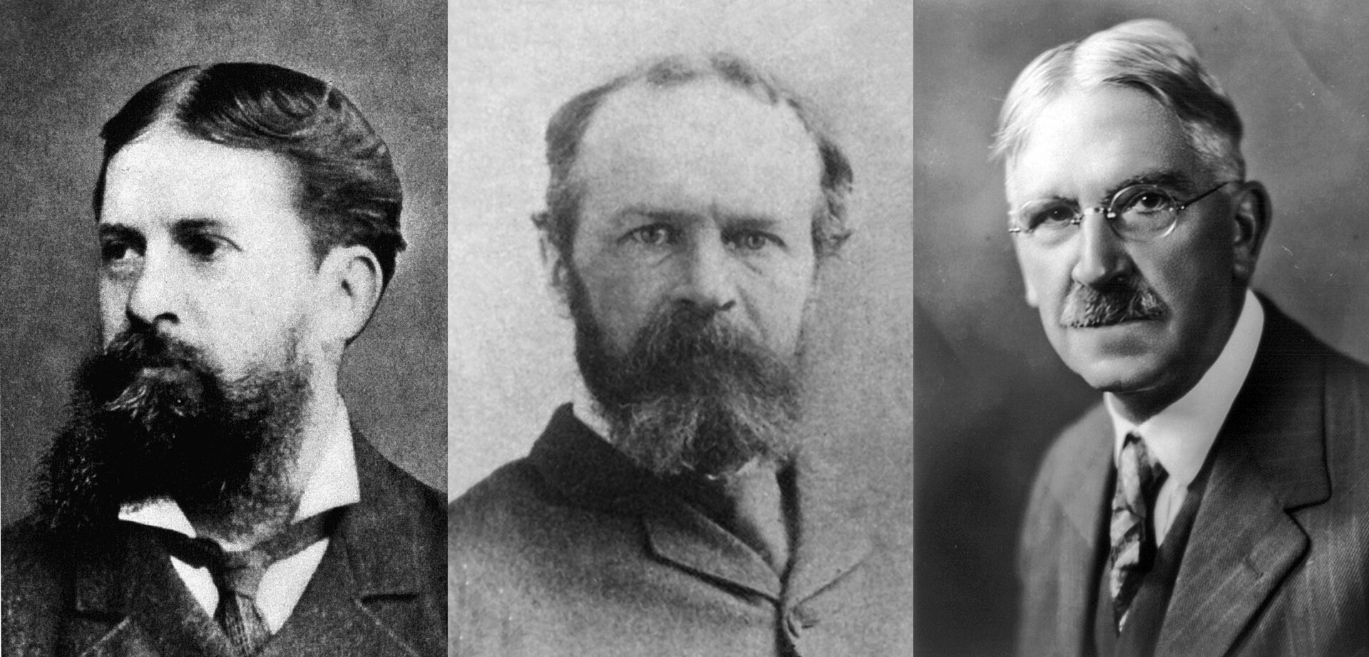 Ilustracja przedstawia trzy zdjęcia. Pierwsze zdjęcie przedstawia dojrzałego mężczyznę. Ma zaczesane na boki krótkie włosy z przedziałkiem na środku oraz gęstą brodę z wąsami. Ubrany jest w garnitur. Drugie zdjęcie przedstawia starszego, łysiejącego mężczyznę z gęstą brodą i wąsami, który ubrany jest w garnitur. Trzecie zdjęcie przedstawia starszego mężczyznę z krótkimi włosami zaczesanymi na boki i z przedziałkiem na środku. Mężczyzna ma okulary oraz prostokątne wąsy. Ubrany jest w garnitur.