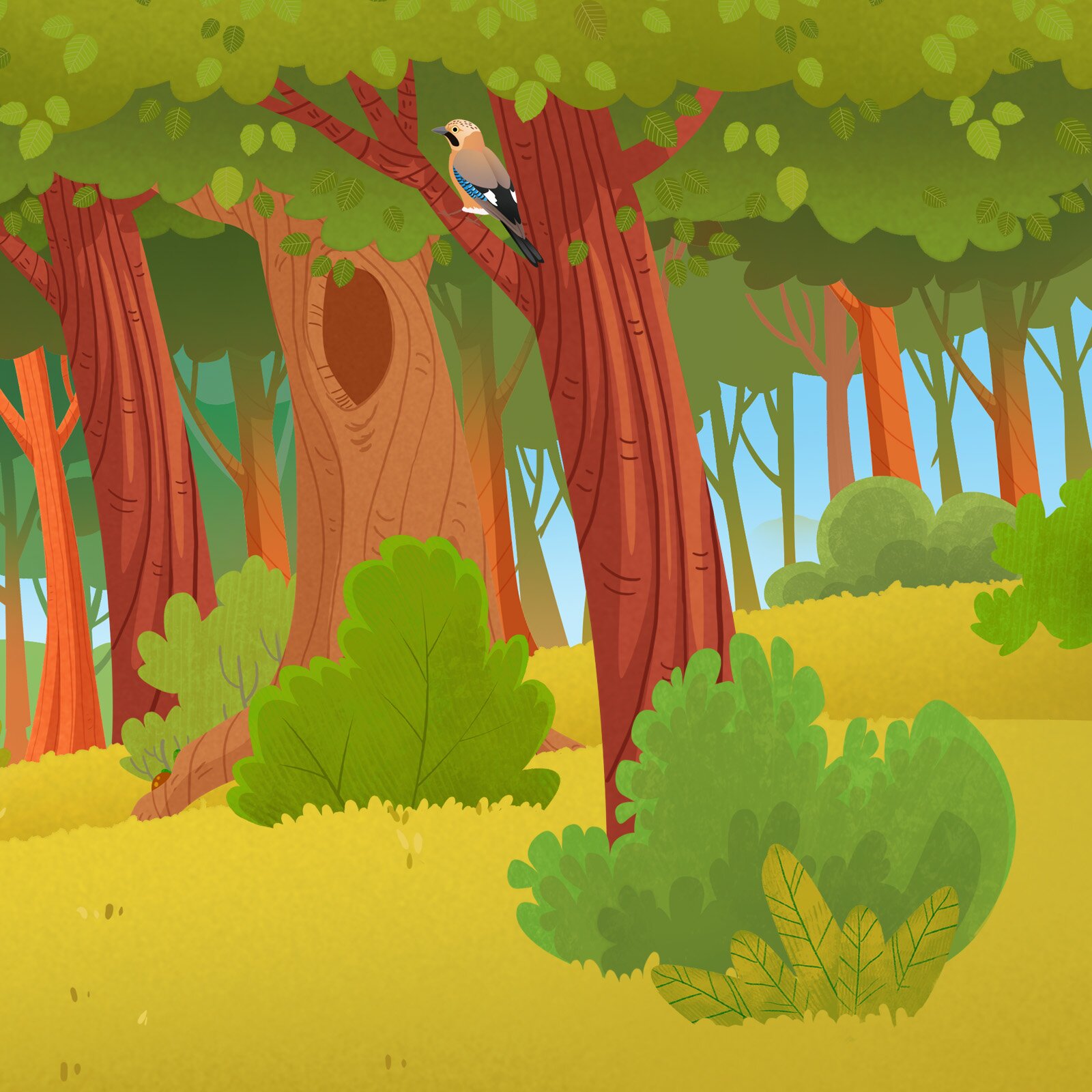 Ilustracja przedstawia ptaka siedzącego na górnej gałęzi