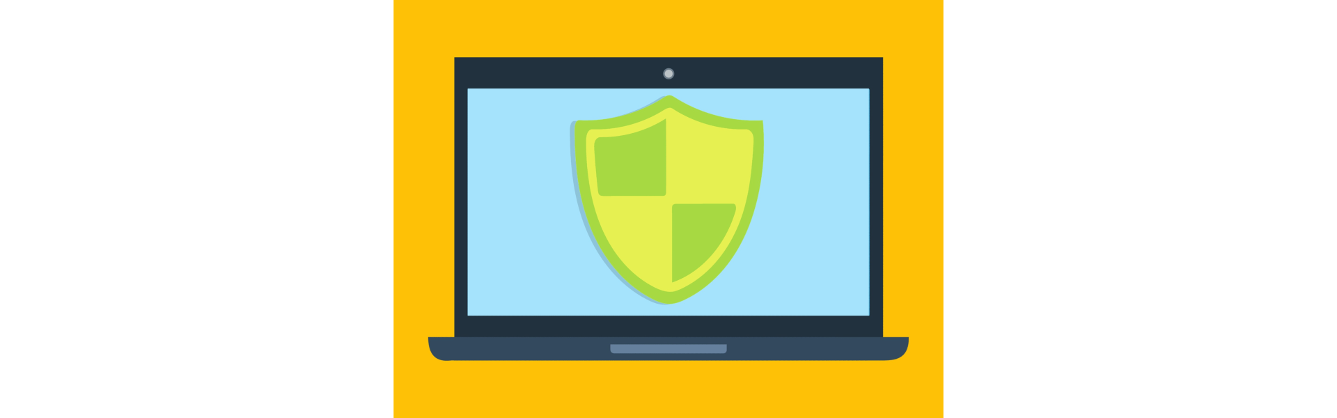 Ilustracja przedstawia w sposób symboliczny program antywirusowy. Ekran laptopa, którego prawie całą przestrzeń zajmuje tarcza.