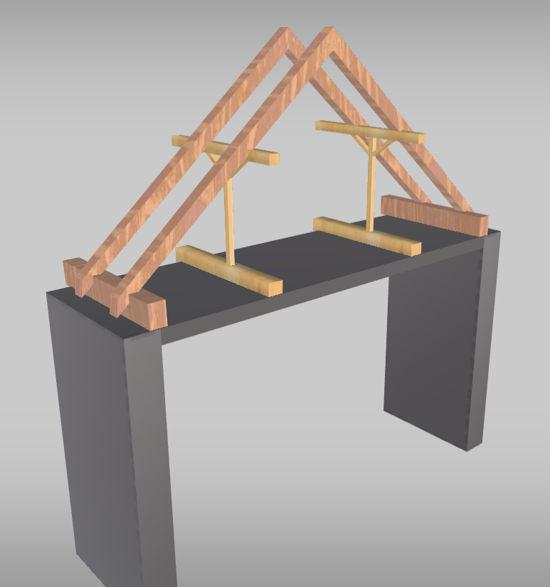 Grafika przedstawia wiązary puste. Widoczny jest model konstrukcji dachu, z parą krokwi, tworzących kształt odwróconej litery V. W połowie krokwi po lewej i po prawej stronie biegną poziome belki. Od nich wychodzą dwie pionowe linie, na końcu których widoczne są dwie belki, ułożone prostopadle do belek poziomych powyżej. Poniżej widoczne trzy płaszczyzny: pozioma i dwie pionowe na końcach, obrazujące konstrukcję dachu.

Opisy obiektów prezentowanych na grafikach są załączone w treści słownika.