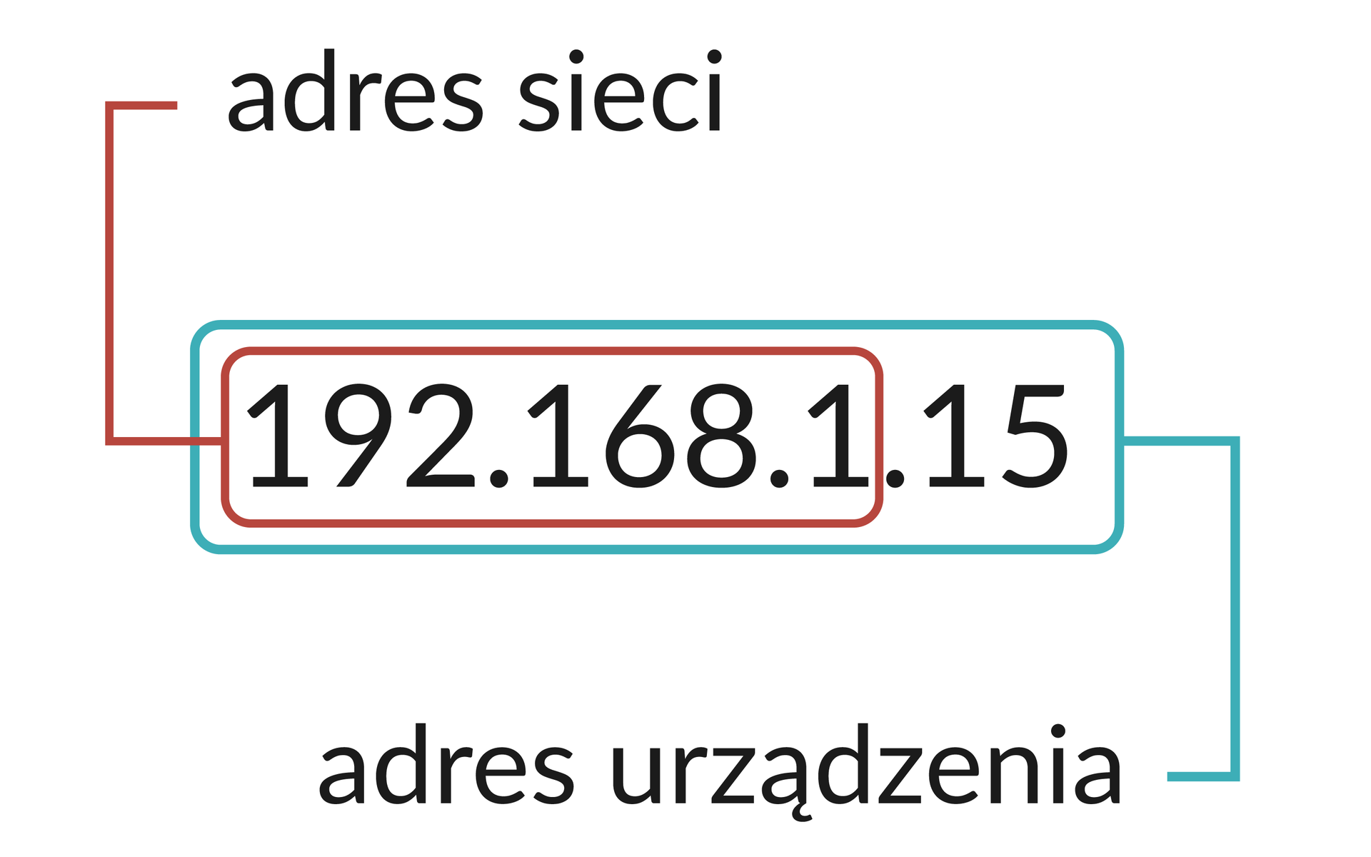 Ilustracja przedstawia adres IP z wizualnym oznaczeniem pierwszych trzech liczb jako adresu sieci i wszystkich czterech jako adresu urządzenia.
