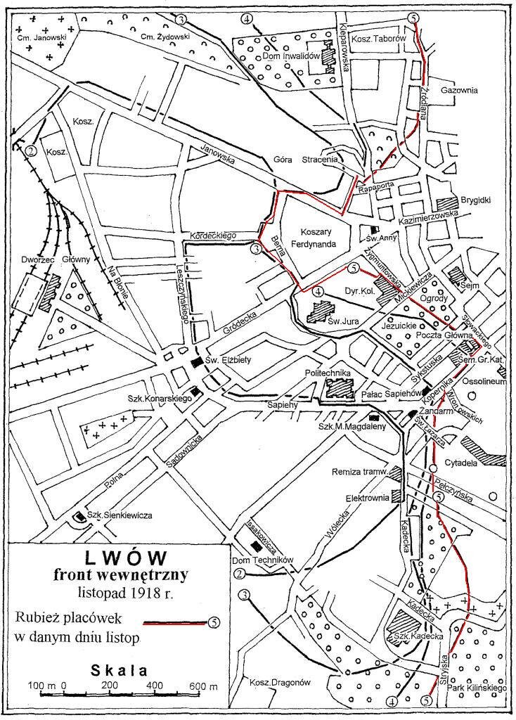 Ilustracja przedstawia mapę z fragmentem miasta. Oznaczono ulice, parki, trakty komunikacyjne, kościoły, cmentarz i pojedyncze budynki. Na mapie przebiega nieregularna linia oznaczająca front walk.