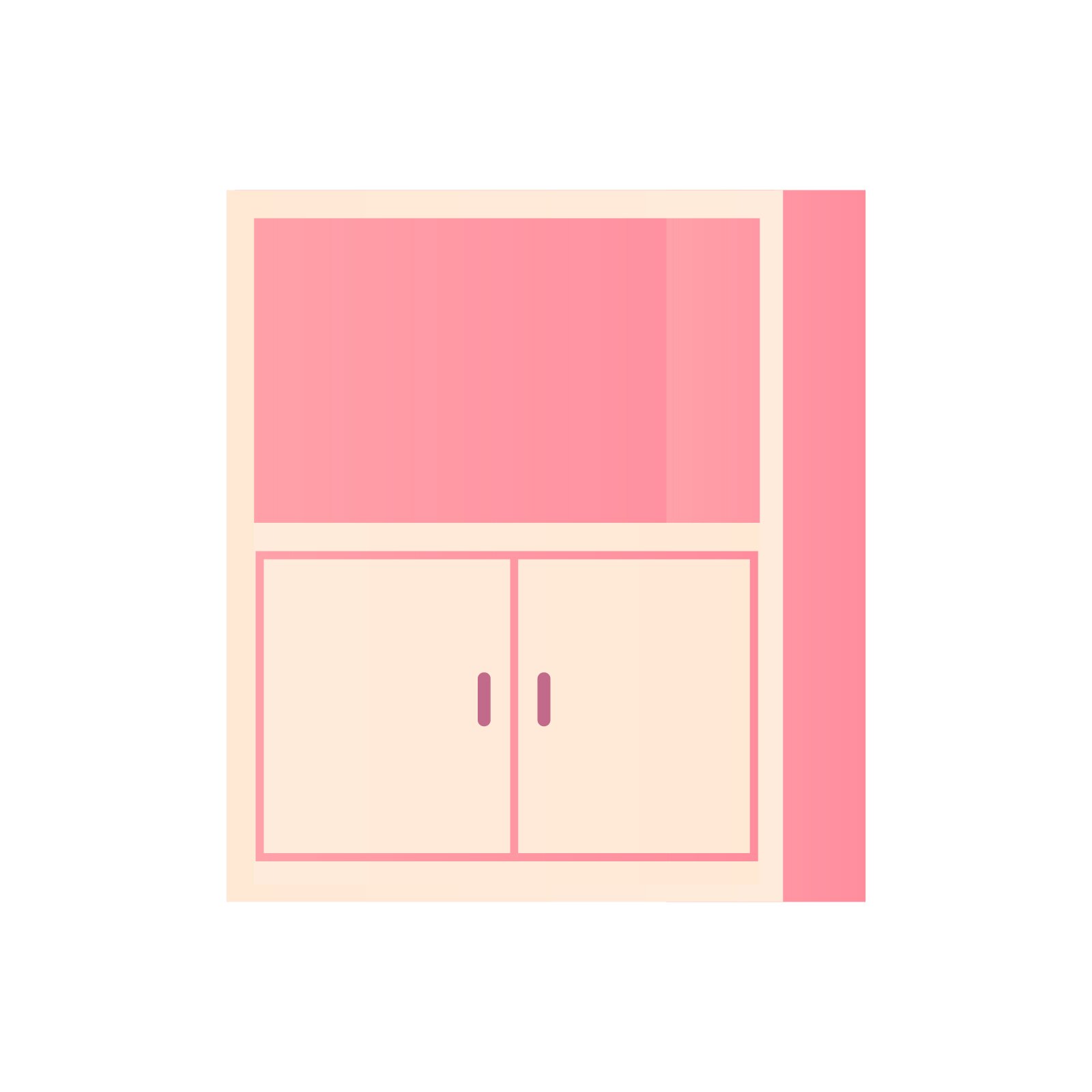 Ilustracja przedstawia różową szafkę. Mebel posiada jedną półkę bez drzwiczek oraz jedną z drzwiczkami. 