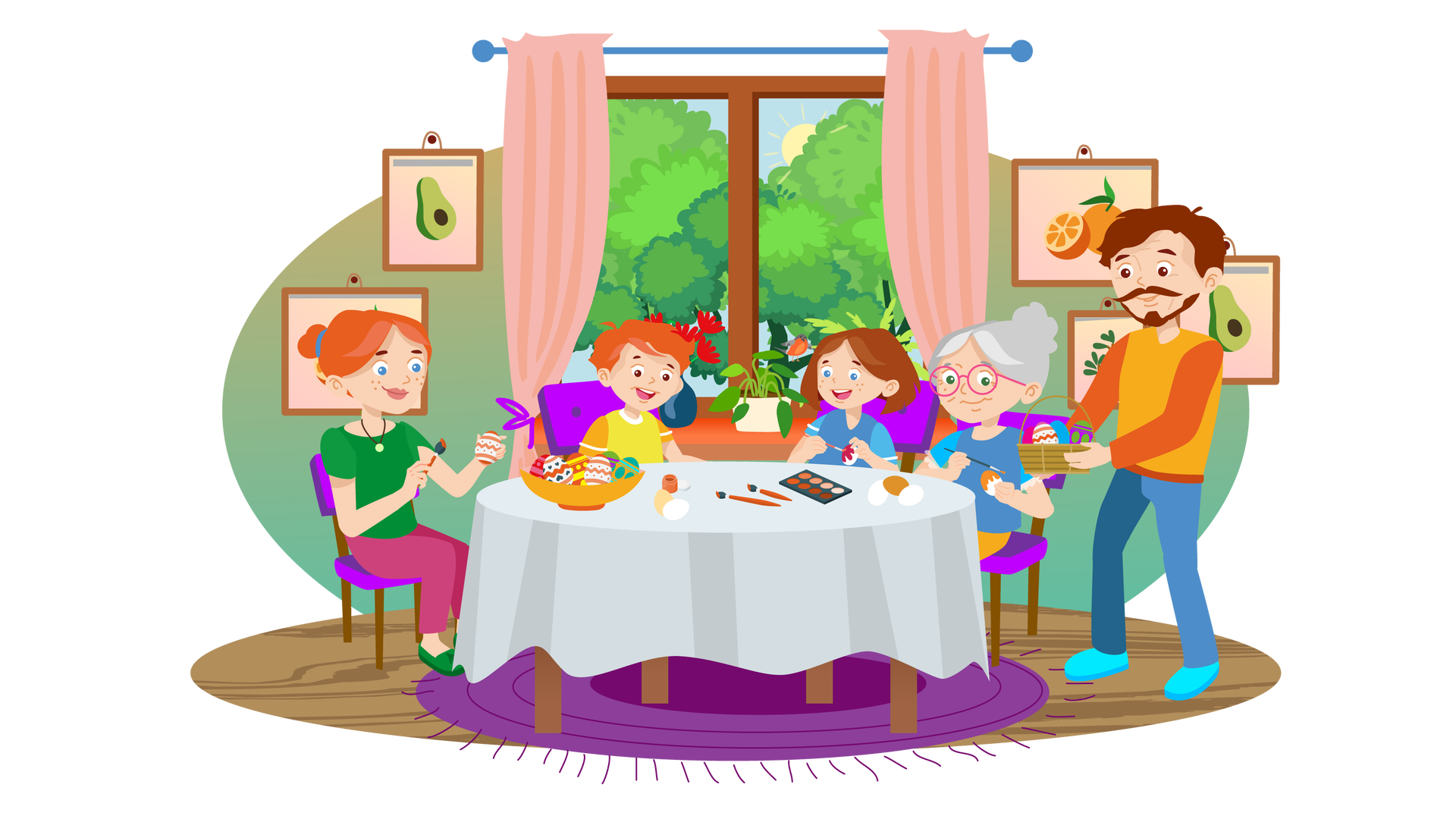 Ilustracja przedstawia salon w domu Franka i Mai. W tle znajduje się zielona ściana z oknem, za którym widać gęste drzewa liściaste, niebo oraz wychylające się zza drzew słońce. Na jednym z drzew siedzi gil. Jest to ptak, który ma czerwony brzuszek i szare upierzenie na głowie, grzbiecie i skrzydłach. Nad oknem wisi niebieski karnisz z dwiema bladoróżowymi zasłonami. Każda z nich jest upięta u dołu za pomocą fioletowej wstążki. Na pomarańczowym parapecie stoi granatowy wazon z czerwonymi kwiatami oraz zielona roślina w białej donicy. Na lewo od okna wiszą na ścianie dwa obrazki w brązowych ramkach. Pierwszy przedstawia połowę awokado z brązową pestką, a drugi pomarańczę z zielonym listkiem i opartą o nią połowę drugiej pomarańczy. Na prawo od okna wiszą kolejne trzy obrazki w brązowych ramkach. Pierwsze dwa są takie same, jak te wiszące po lewej. Trzeci przedstawia brązową gałązkę z licznymi zielonymi listkami. Na środku drewnianej podłogi leży okrągły fioletowy dywan z frędzlami.  Stoi na nim okrągły brązowy stół nakryty białym obrusem. Znajdują się na nim pędzle, farby, jajka oraz pomarańczowa miska wypełniona kolorowymi pisankami. Dookoła stołu stoją cztery fioletowe krzesła z brązowymi nogami. Na pierwszym siedzi mama Franka i Mai. Patrzy na pisankę, którą trzyma w lewej dłoni. W prawej dłoni trzyma pędzel zamoczony w pomarańczowej farbie. Obok mamy siedzi szeroko uśmiechnięty Franek. Patrzy na przedmioty znajdujące się na stole. Dalej siedzi szeroko uśmiechnięta Maja. W prawej dłoni trzyma pędzel, którym maluje pisankę trzymaną w lewej dłoni. Obok Mai siedzi uśmiechnięta babcia. Maluje pędzlem kolejną pisankę. Po prawej stronie ilustracji, obok stołu, stoi uśmiechnięty tata Franka i Mai. W dłoniach trzyma brązowy koszyk z kolorowymi pisankami, na które spogląda.