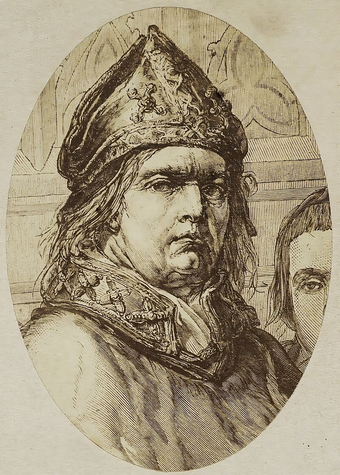 Ilustracja przedstawia portret kardynała Zbigniewa Oleśnickiego wykonany przez Jana Matejkę w XIX wieku. Oleśnicki przedstawiony został jako mężczyzna o pełnej twarzy i surowym spojrzeniu. Na głowie ma infułę biskupią - wysokie nakrycie głowy ozdobione haftem na otoku i w części przedniej. Mężczyzna, ubrany w sutannę, pod szyją ma wysoki kołnierz zdobiony haftem.