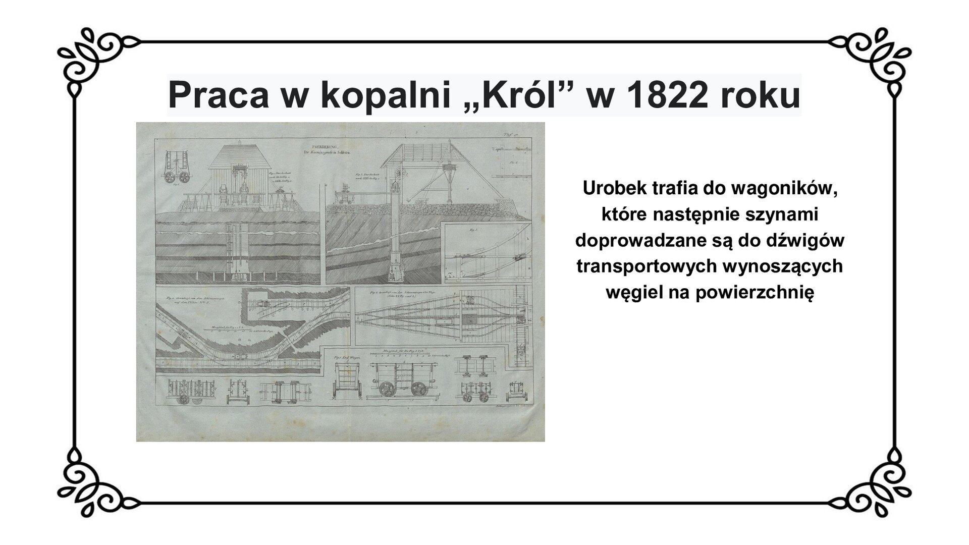 Kliknij, aby powiekszyć Slajd zawiera tytuł: Praca w kopalni „Król” w 1822 roku. Poniżej jest plansza z czarno białym schematem obrazującym pracę w kopalni „Król” w 1822 roku. Na dole planszy osiem ilustracji przedstawiające model konstrukcyjny wagoników z różnych stron i przekrojów. Wyżej trzy ilustracje przedstawiające tory z rozjazdami wraz ze skalą i opisem w języku francuskim. Wyżej ukazano dwie ilustracje mechanizmu dźwigowego wynoszącego na powierzchnię wagoniki z urobkiem. Po prawej stronie planszy napus: Urobek trafia do wagoników, które następnie szynami doprowadzane są do dźwigów transportowych wynoszących węgiel na powierzchnię.