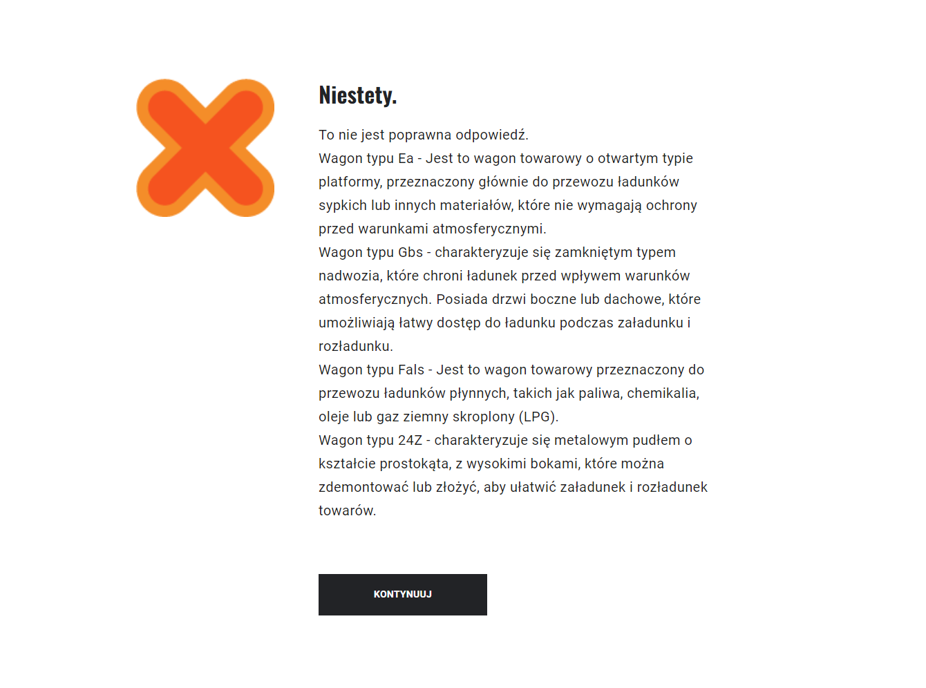 Negatywna informacja zwrotna po udzieleniu błędnej odpowiedzi na pytanie