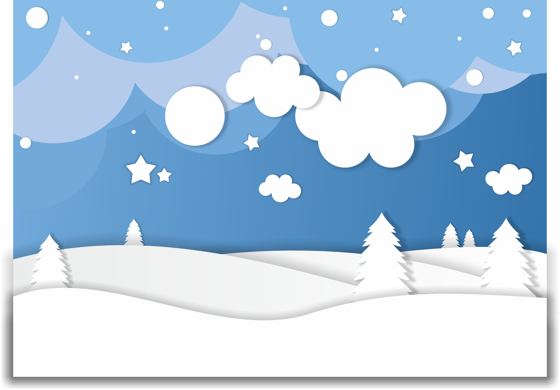 Obraz przedstawia gradient z koloru jasnoniebieskiego do lekko ciemniejszego niebieskiego odcieniu. Na górnej krawędzi rozmieszczono różne okręgi, które poprzez nakładanie się na siebie i różne kolory dla każdej warstwy tworzą chmury, których kolory to różne odcienie niebieskiego, od ciemniejszego, do jaśniejszego. U dołu obrazu umieszczono lekko wzgórza śnieżne: posiadają one w różny sposób powyginaną linię, która rozciąga się od lewej do prawej strony obrazu. Wypełniono przestrzeń pod nią kolorem jasnoszarym, w ten sposób utworzono ośnieżone zbocze. Poprzez nałożenie na siebie warstwowo wielu takich zboczy utworzono tło. Na tych wzgórzach umieszczono białe drzewka iglaste, skłądające się z trójkątnych kształtów, które zostały nałożone na siebie, następnie każdy umieszczany pod spodem był powiększany. Na górze obrazu umieszczono wiele białych gwiazdek, okręgów oraz 2 mniejsze chmury utworzone z kół nałożonych na siebie.