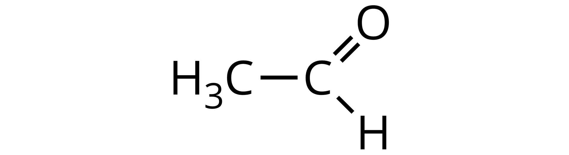 Na ilustracji przedstawiono wzór półstrukturalny etanalu: grupa H3C połączona jest z atomem węgla, który połączony jest wiązaniem podwójnym z atomem tlenu oraz wiązaniem pojedynczym z atomem wodoru.