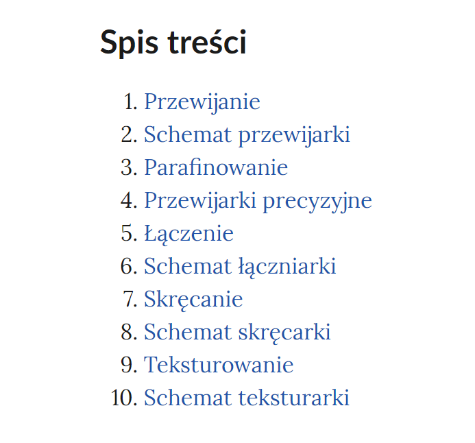 Grafika przedstawia spis treści atlasu interaktywnego. W kolejnych wierszach tytuły kolejnych części atlasu. Jeden. Przewijanie. Dwa. Schemat przewijarki. Trzy. Parafinowanie. Cztery. Przewijarki precyzyjne. Pięć. Łączenie. Sześć. Schemat łączniarki. Siedem. Skręcanie. Osiem. Schemat skręcarki. Dziewięć. Teksturowanie. Dziesięć. Schemat teksturarki.