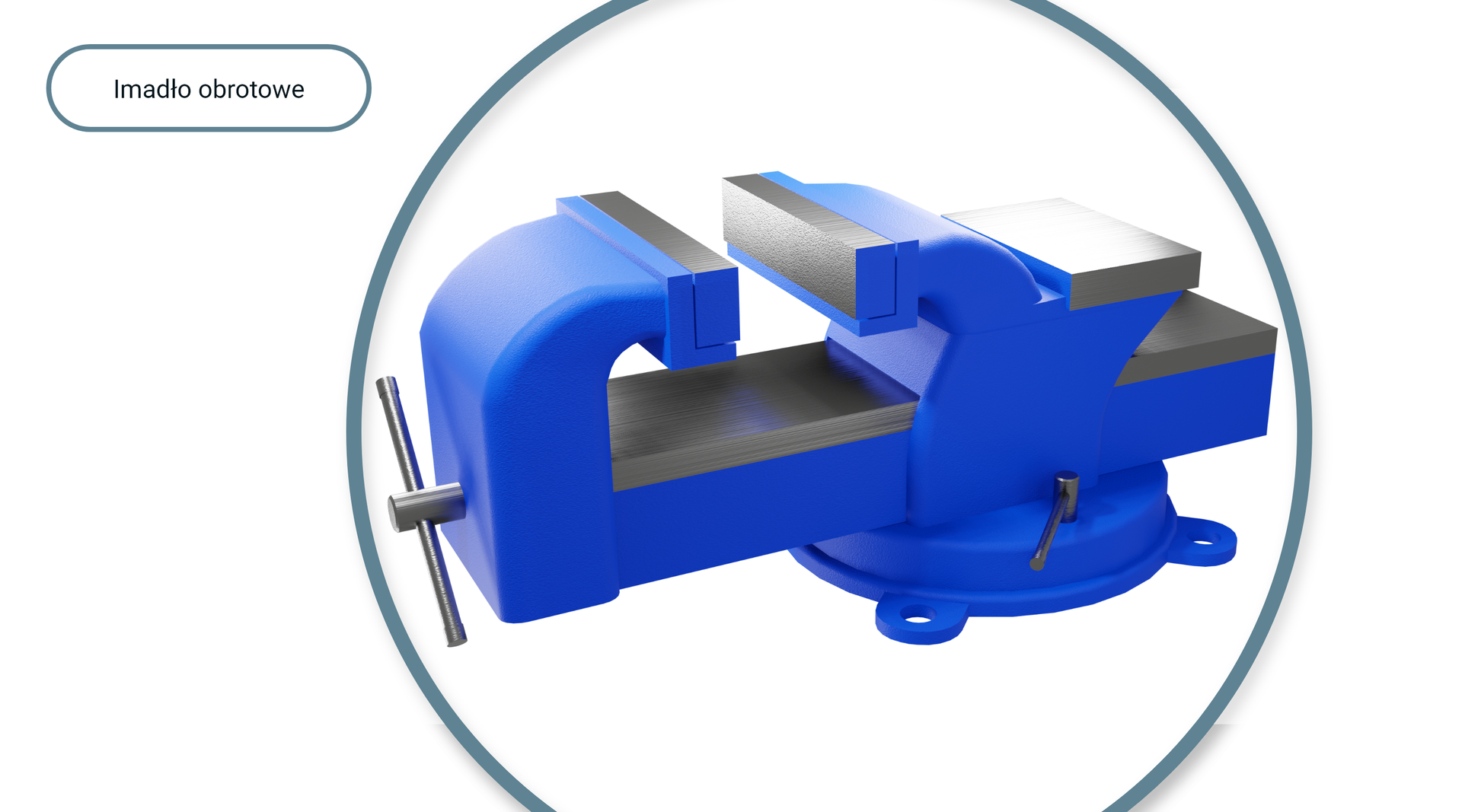 Opis alternatywny dotyczy imadła obrotowego. Imadło z możliwością obrotu z pokrętłem regulującym zacisk szczęk.