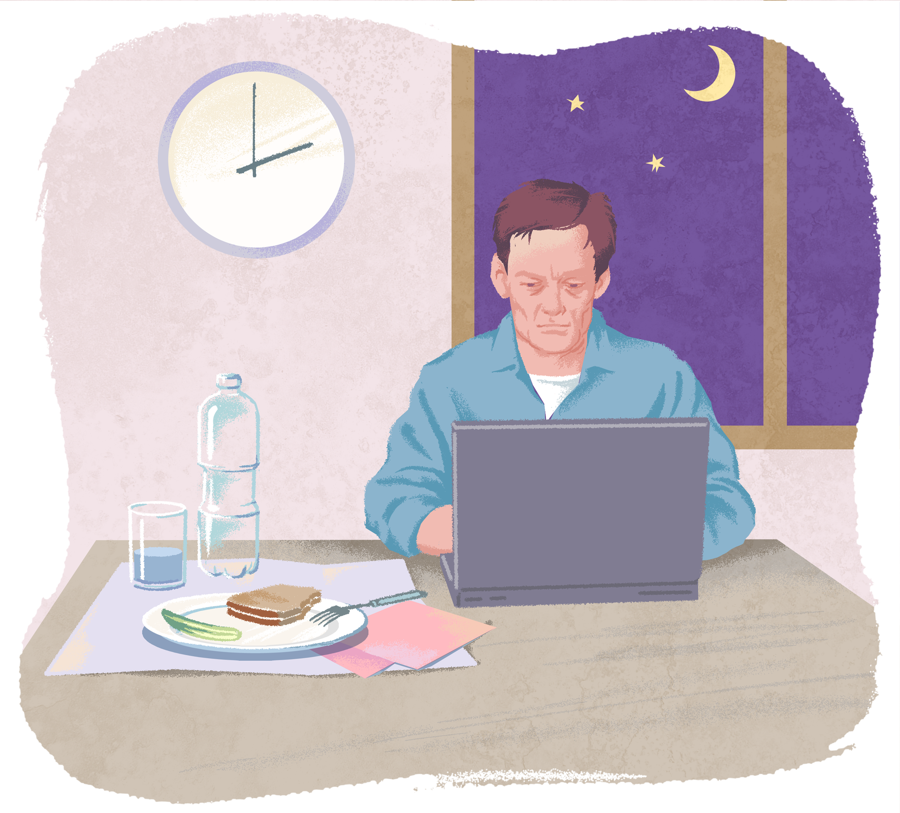 Za biurkiem siedzi mężczyzna. Twarz ma zmęczoną. Stoi przed nim laptop. Na biurku butelka wody, talerz z nieruszoną kanapką. Na ścianie za nim zegar wskazuje godzinę drugą. Po prawej stronie okno. Za nim ciemne niebo z księżycem i gwiazdami.
