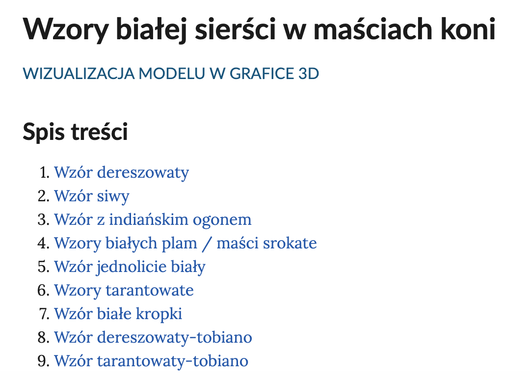 Ilustracja przedstawia fragment interaktywnego spisu treści umożliwiającego nawigowanie między wizualizacjami 3D. Tytuł to: Wzory białej sierści w maściach koni. Pod nim znajduje się napis: Wizualizacja modelu w grafice 3D. Spis treści. Punkt pierwszy. Wzór dereszowaty. Punkt drugi. Wzór siwy. Punkt trzeci. Wzór z indiańskim ogonem. Punkt czwarty. Wzory białych plam / maści srokate. Punkt piąty. Wzór jednolicie biały. Punkt szósty. Wzory tarantowate. Punkt siódmy. Wzór białe kropki. Punkt ósmy. Wzór dereszowaty‑tobiano. Punkt dziewiąty. Wzór tarantowaty‑tobiano.