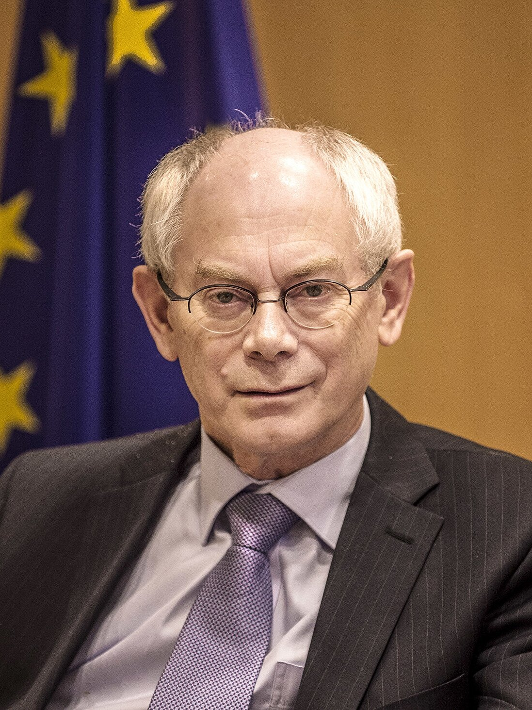 Fotografia przedstawiająca dojrzałego mężczyznę. Postać przedstawiona jest od piersi w górę. Mężczyzna zwraca twarz w naszym kierunku. Polityk ma owalną twarz, dużą łysinę, gładko zaczesane włosy, gęste brwi, oczy lekko zasłonięte powiekami, zmarszczki wokół oczu, odstające uszy, prosty nos, wąskie usta. Mężczyzna nosi okulary. Ubrany jest w garnitur, ma zawiązany pod szyją krawat. W tle flaga Unii Europejskiej.