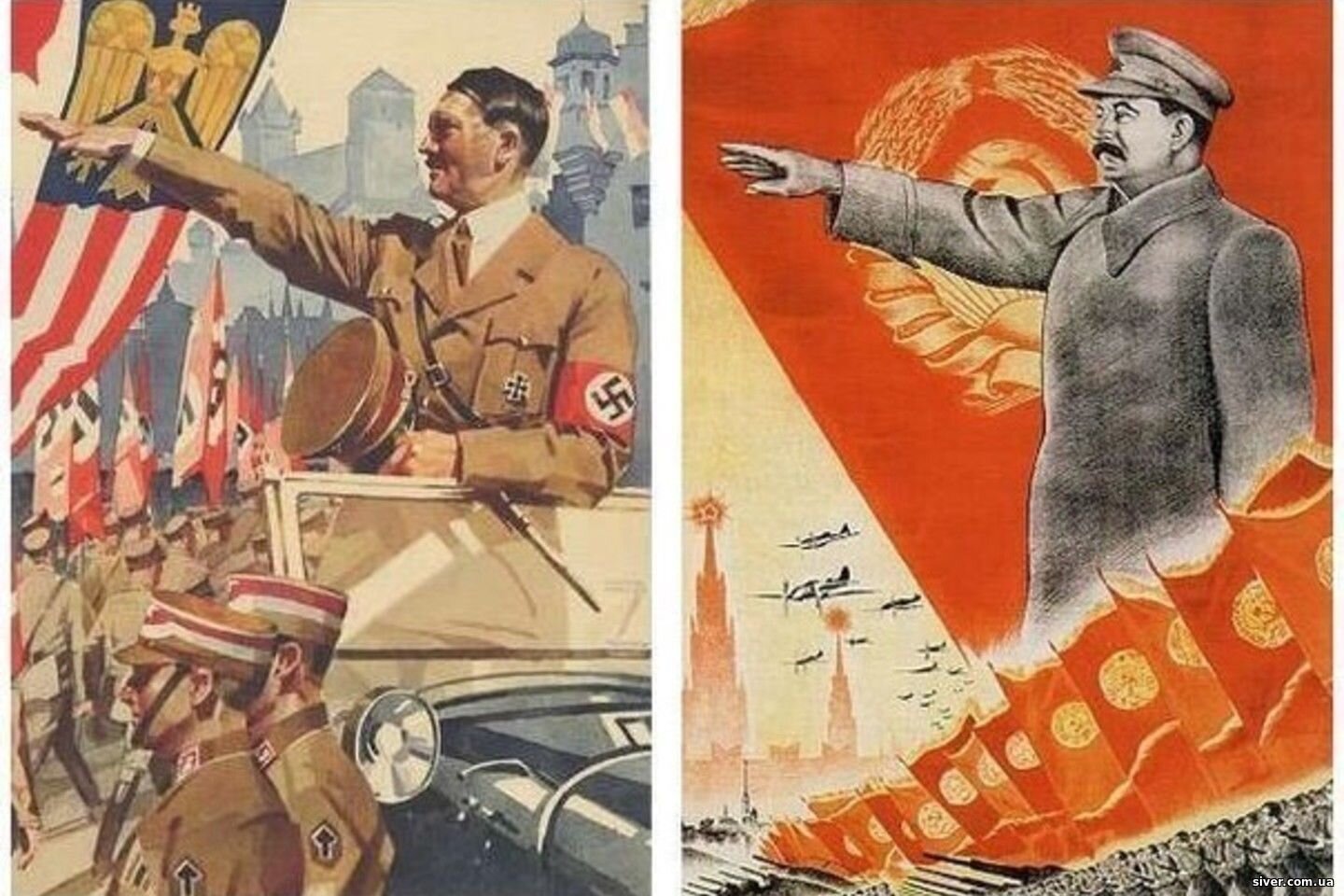 Ilustracja przedstawia dwa plakaty. Po lewej stronie znajduje się Adolf Hitler jadący podczas defilady samochodem i wznoszący rękę w powitaniu Sieg heil . Otaczają go żołnierze i flagi ze swastykami. Plakat po prawej stronie pokazuje Józefa Stalina podczas defilady na Placu Czerwonym. On również wznosi prawą rękę w identyczny sposób jak Adolf Hitler.
