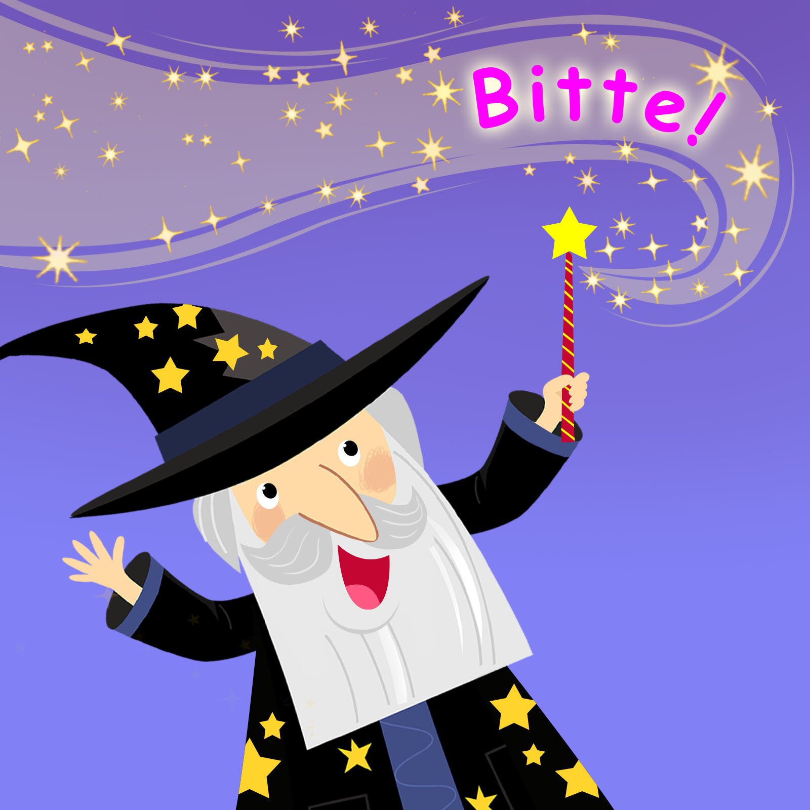 Ilustracja ukazuje czarownika trzymającego różdżkę, który właśnie wyczarowuje wyraz:   Bitte!