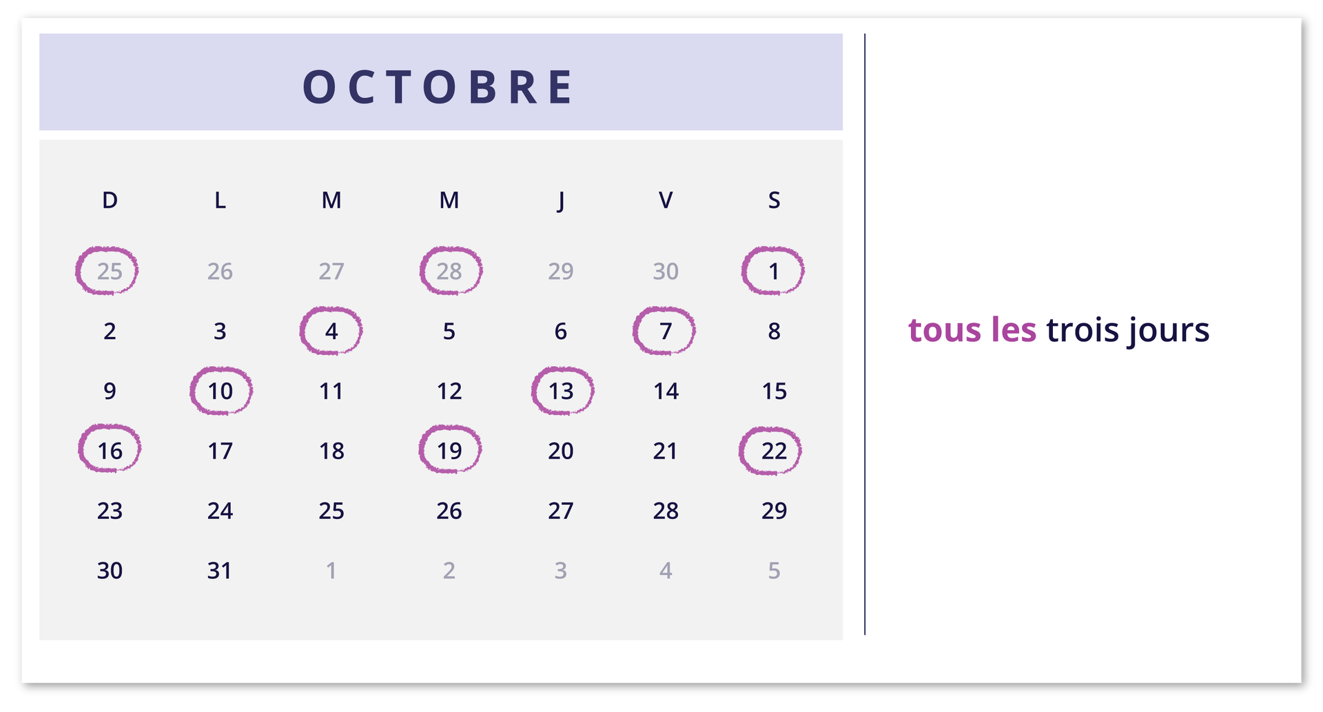 Ilustracja przedstawia fragment kalendarza z miesiącem OCTOBRE. Zaznaczono dni poprzedniego miesiąca: dwudziesty piąty, dwudziesty ósmy. Zaznaczone dni bieżącego miesiąca: pierwszy, czwarty, siódmy, dziesiąty, trzynasty, szesnasty, dziewiętnasty, dwudziesty drugi. Obok notatki: tous les trois jours.