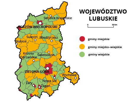 Mapa województwa lubuskiego. Na mapie szarymi liniami zaznaczono granice powiatów ziemskich, białymi kropkami zaznaczono miasta będące stolicami powiatów. W obrębie powiatów ziemskich kolorami wyróżniono gminy miejskie (na czerwono), miejsko‑wiejskie (na żółto) i wiejskie (na zielono). Stolicami województwa są Gorzów Wielkopolski i Zielona Góra. Stolicami gmin miejskich są Gorzów Wielkopolski, Zielona Góra, Nowa Sól, Żary, Żagań. Stolicami gmin miejsko‑wiejskich są Wschowa, Świebodzin, Strzelce Krajeńskie, Słubice, Sulęcin, Krosno Odrzańskie, Międzyrzecz.