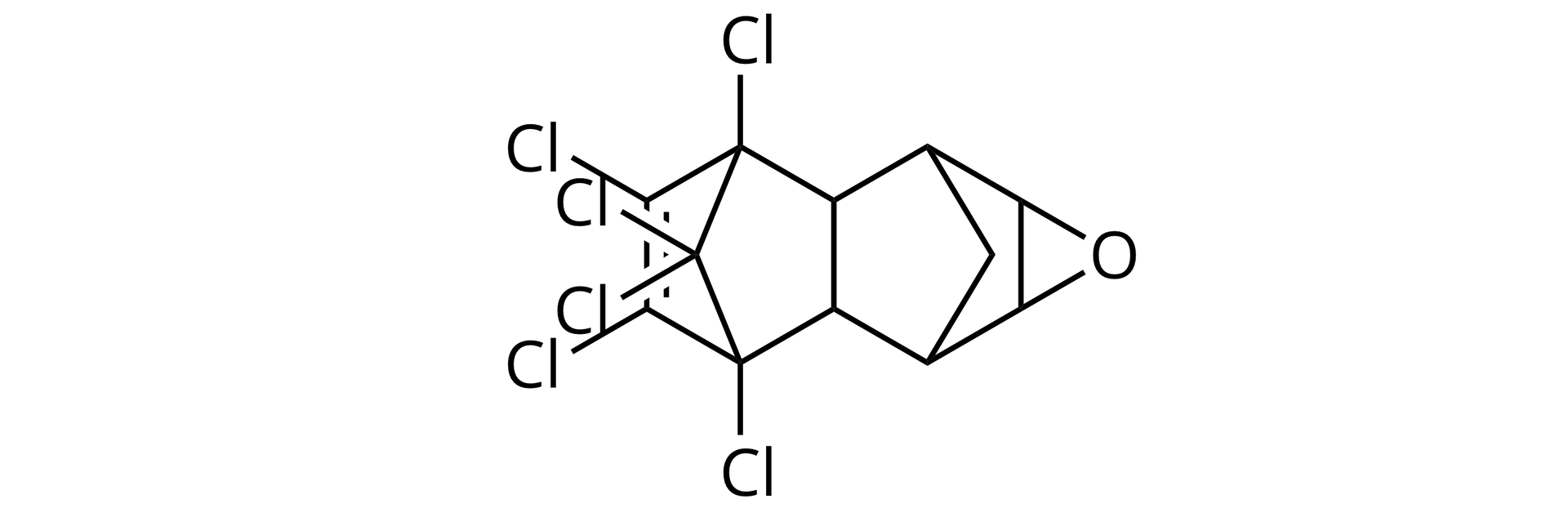 Ilustracja przedstawia wzór półstrukturalny dieldryny. Dwa pierścienie sześcioczłonowe są ze sobą skondensowane, posiadają dwa wspólne atomy węgla, tak zwane atomy mostkowe. Ponadto w jedynym z pierścieni, na rysunku z lewej strony, znajduje się mostek tlenowy łączący dwa atomy węgla połączone wiązanie pojedynczym naprzeciwległym do wiązania łączącego atomy mostkowe. Ponadto w lewym pierścieniu dwa pozostałe tomy węgla, niezwiązane wiązaniem podwójnym, ani nie będące omówionymi atomami mostkowymi łączą się ze sobą poprzez dodatkowy atom węgla, zatem powstaje kolejny już mostek. Idąc do prawego pierścienia sześcioczłonowego, w nim również znajduje się analogicznie dodatkowy mostek, ale posiada on również wiązanie podwójne łączące dwa atomy węgla naprzeciwległe do atomów mostkowych łączących dwa sześcioczłonowe pierścienie. Ponadto wszystkie obecne w nim atomy, z wyjątkiem mostkowych podstawione są każdy jednym atomem chloru, a atom tworzący dodatkowym mostek podstawiony jest dwoma atomami chloru. 