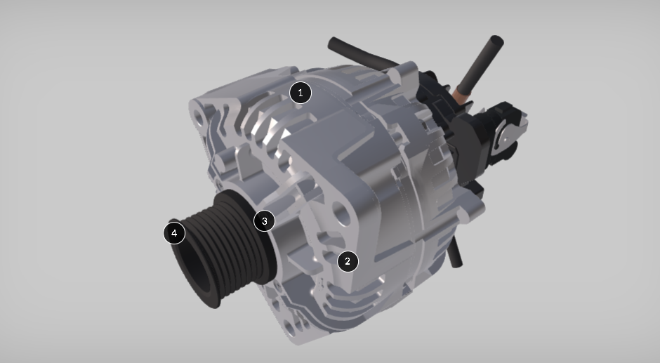 Ilustracja przedstawia model przestrzenny alternator. Na alternatorze znajdują się cztery punkty klikalne, czyli kółko z cyfrą w środku. 