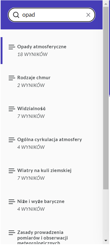Grafika przedstawia panel wyszukiwania haseł w atlasie. U góry widoczna jest belka, gdzie wpisano hasło „opad”. Poniżej znajdują się tytuły rozdziałów, w których to hasło się pojawia. Pod każdym tytułem widoczna jest informacja, ile razy dane hasło występuje w rozdziale.