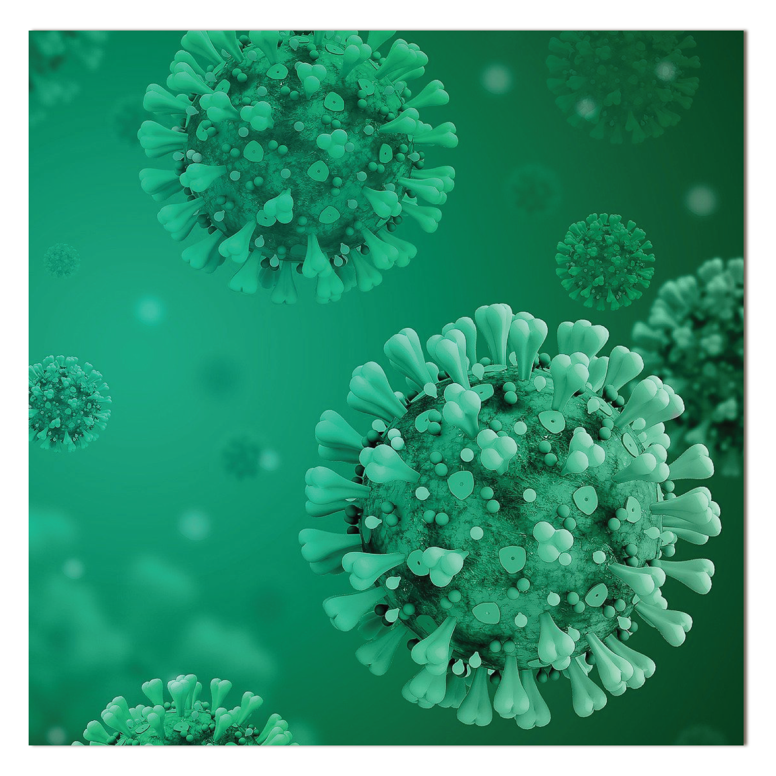 Ilustracja przedstawia wirusy z wypustkami.