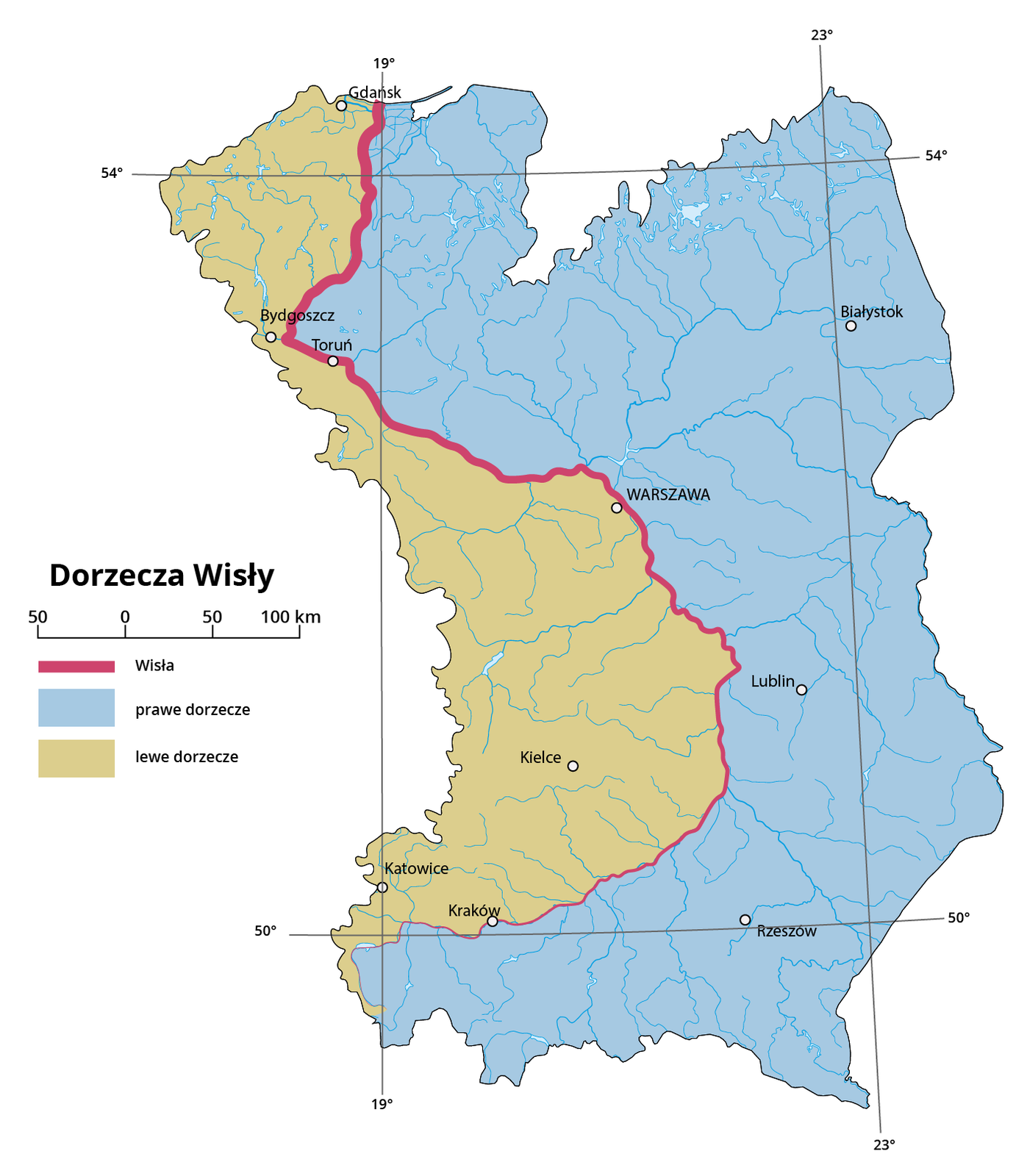 Na fragmencie mapy Polski zaznaczono asymetrię dorzeczy Wisły. Prawe dorzecze to obszar od Gdańska, przez Toruń, do Warszawy (wcięcie w obszarze dorzecza), w pobliżu Lublina, przez Kraków i dalej na południe. Lewe dorzecze graniczy z prawym. Obejmuje między innymi obszar, na którym są: Bydgoszcz, Kielce, Katowice.  