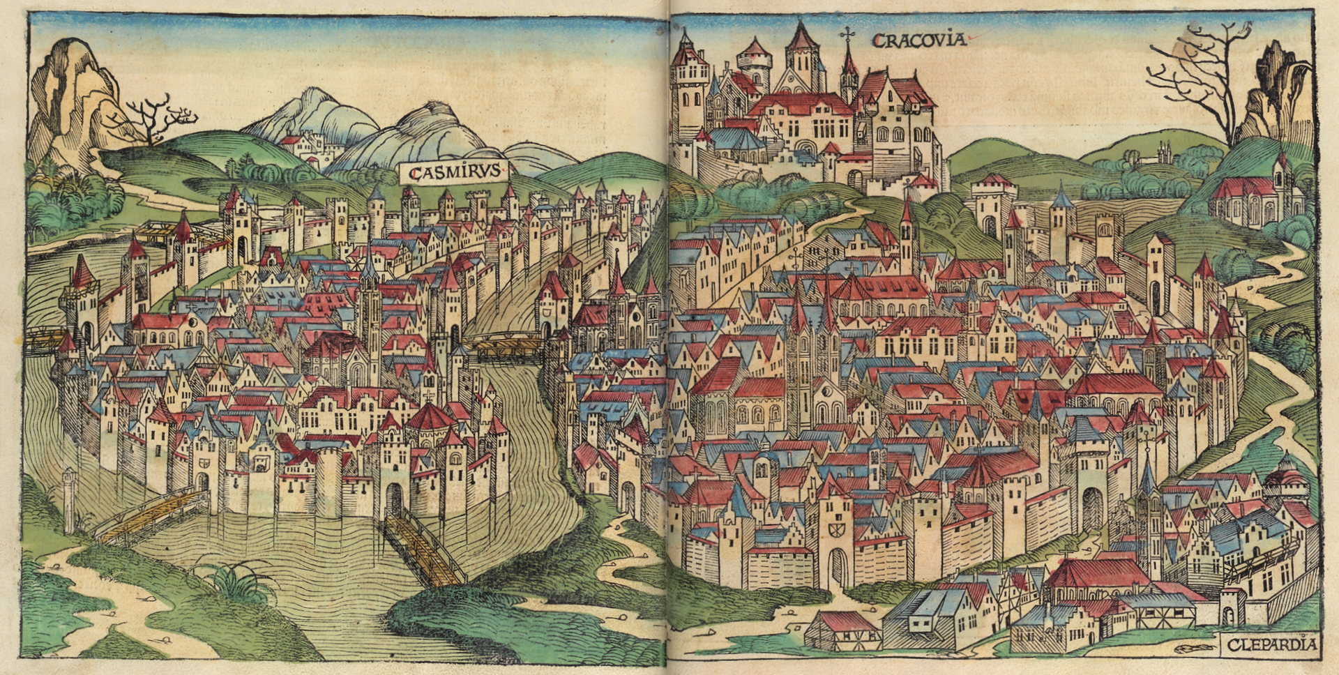Ilustracja przedstawia rysunek Krakowa. Miasto składa się z drobnych kamieniczek ze stromymi dachami. Otoczone są one wysokim murem. Z tyłu, za kamieniczkami znajduje się wysoki zamek. Na horyzoncie widać góry.