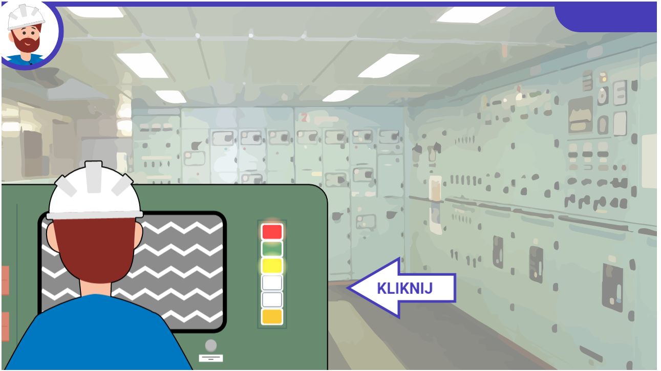 Grafika przedstawia interaktywny ekran z animacją z gry wcielanie się w role. Na ekranie widać pracownika maszynowni siedzącego przed ekranem w CMK. Z boku ekranu widoczna jest kolumna z różnymi światłami. Obok niej znajduje się wskazująca na nią strzałka o tekście „kliknij”.