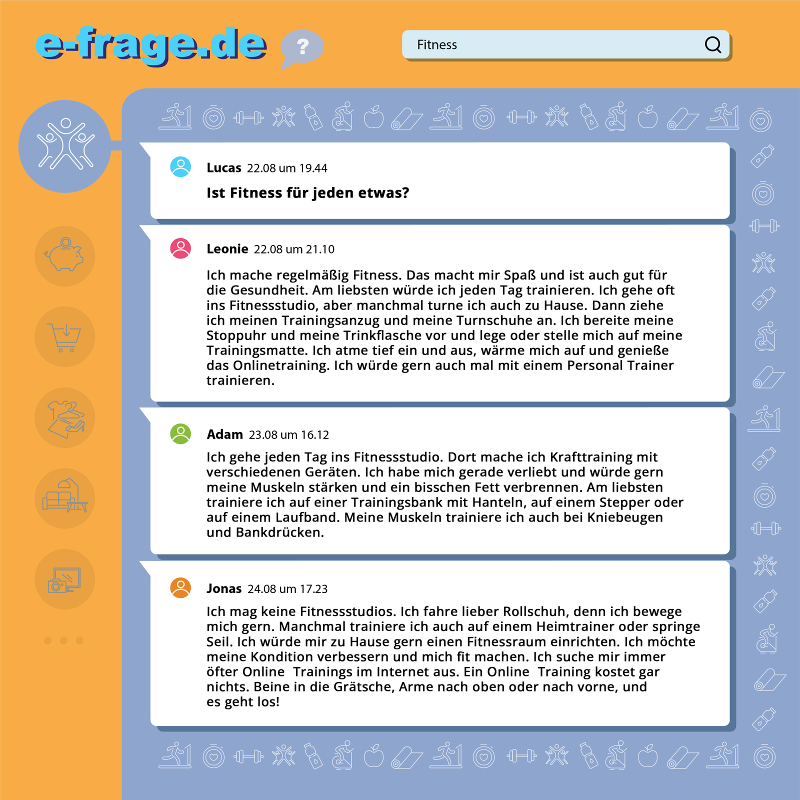 Ilustracja przedstawia forum internetowe. Wokół wpisów widoczne są ikony nawiązujące do sportów. Transkrypcja dostępna poniżej.