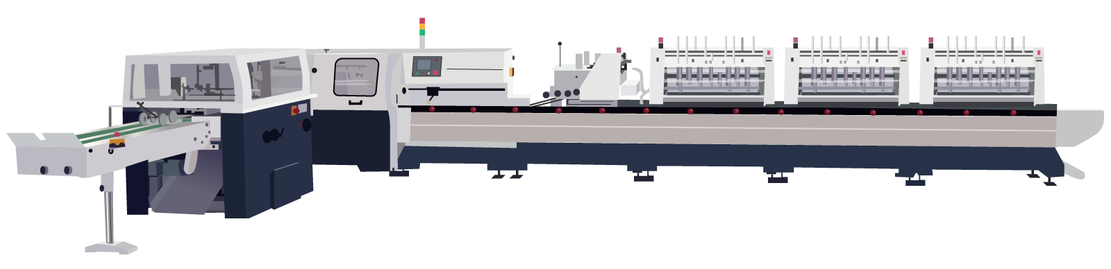 Grafika przedstawia przykładową linię do opraw. Widoczne jest urządzenie składające się z różnych zespołów, ułożonych w literę L.
Dół maszyny w kolorze ciemnoniebieskim, zaś górne częśći w kolorze białym i szarym. Widoczna jest maszyna służąca do wykonywania opraw, usystematyzowana w ciągu technologicznym, czyli tzw. linia potokowa z agregatami do wykonywania opraw, w których odbywa się krojenie, złamywanie, zszywanie czy klejenie.