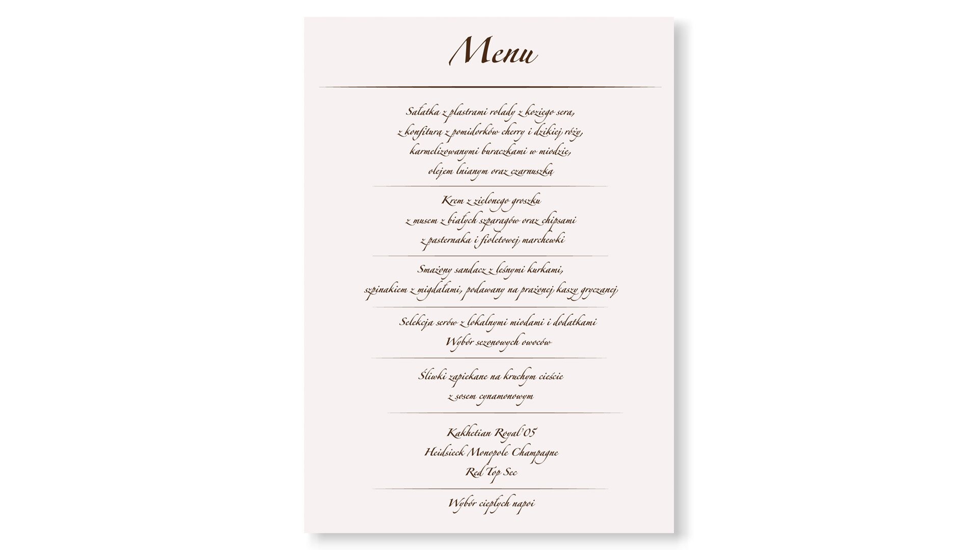 Grafika przedstawia przykładowy jadłospis. U góry widoczny jest napis Menu, a poniżej, w formie listy wymienione są różne potrawy.